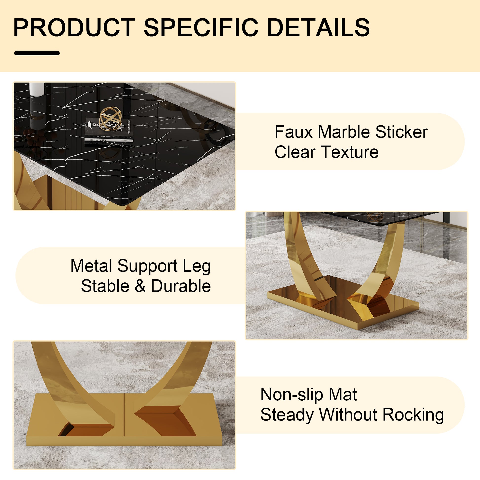 Table And Chair Set.Modern Rectangular Dining Table With Black Textured Stickers Glass Tabletop And Gold Plated Metal Legs.Paried With 4 Comfortable Chairs With Pu Seats And Black Metal Legs. Black Gold,Light Gray Seats 4 Glass Metal