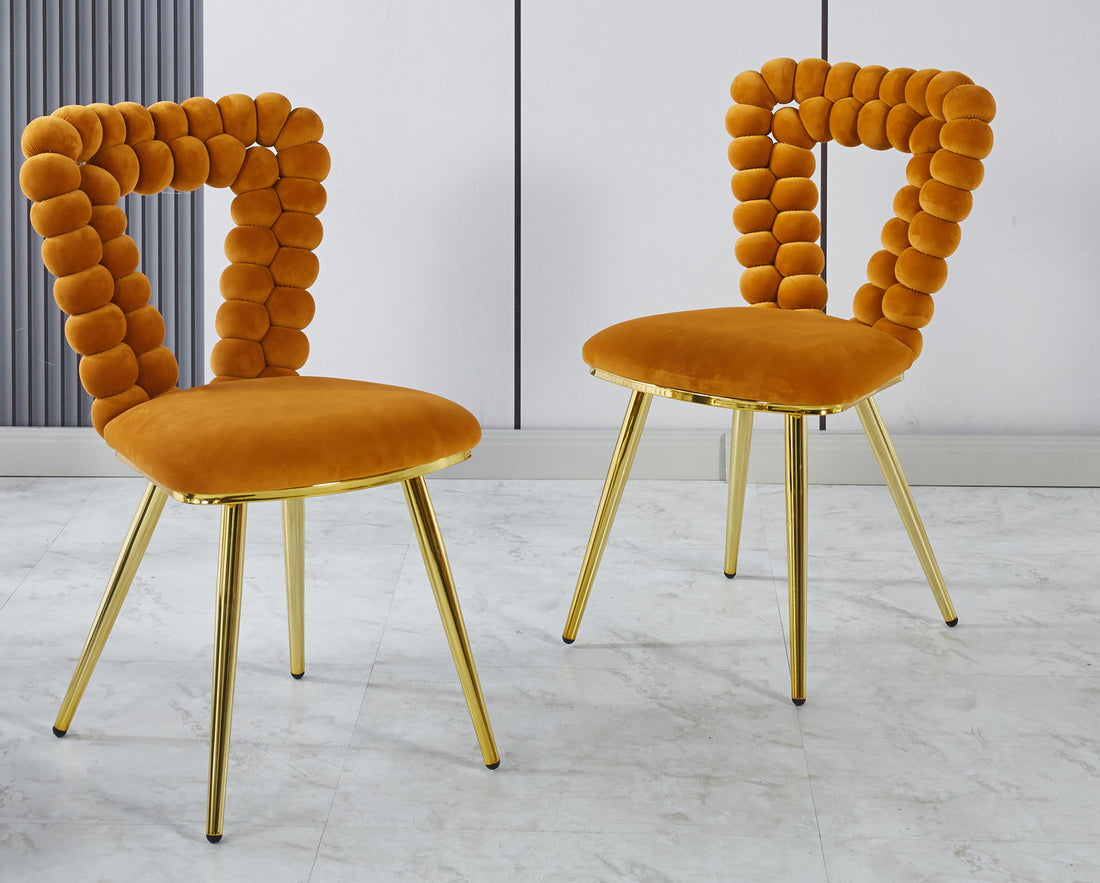 Orange And Gold Modern Chair Set Of 2 With Iron Tube Legs, Soft Cushions And Comfortable Backrest, Suitable For Dining Room, Living Room, Cafe,Hairball Back Orange Fabric