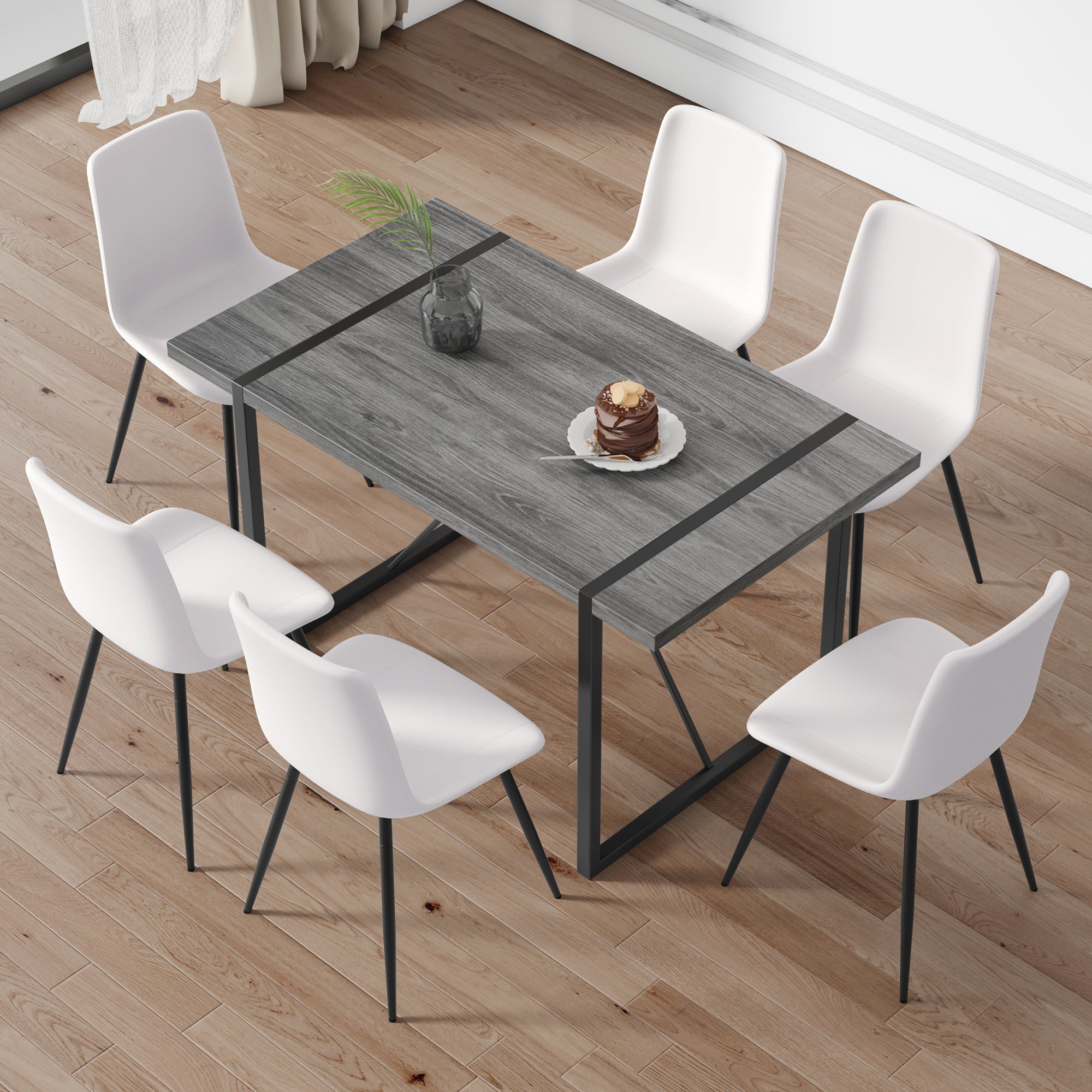 Table And Chair Set, Textured Top In Vintage Retro Grey Wood Grain Desktop, Black Metal Legs. Dining Chair With White Faux Leather Backrest Cushion With Black Metal Legs. Gray,Wood Seats 6 Mdf Metal