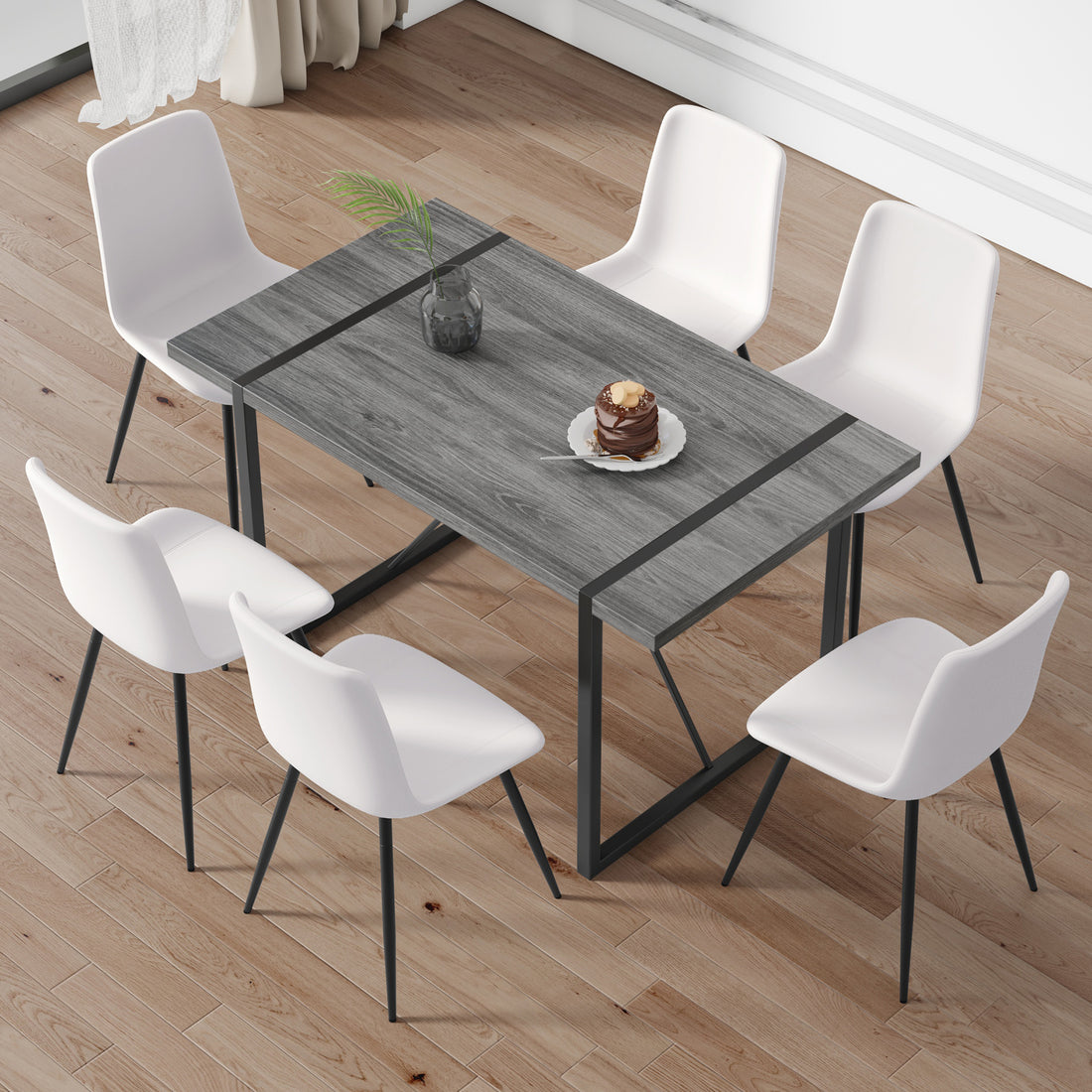 Table And Chair Set, Textured Top In Vintage Retro Grey Wood Grain Desktop, Black Metal Legs. Dining Chair With White Faux Leather Backrest Cushion With Black Metal Legs. Gray,Wood Seats 6 Mdf Metal