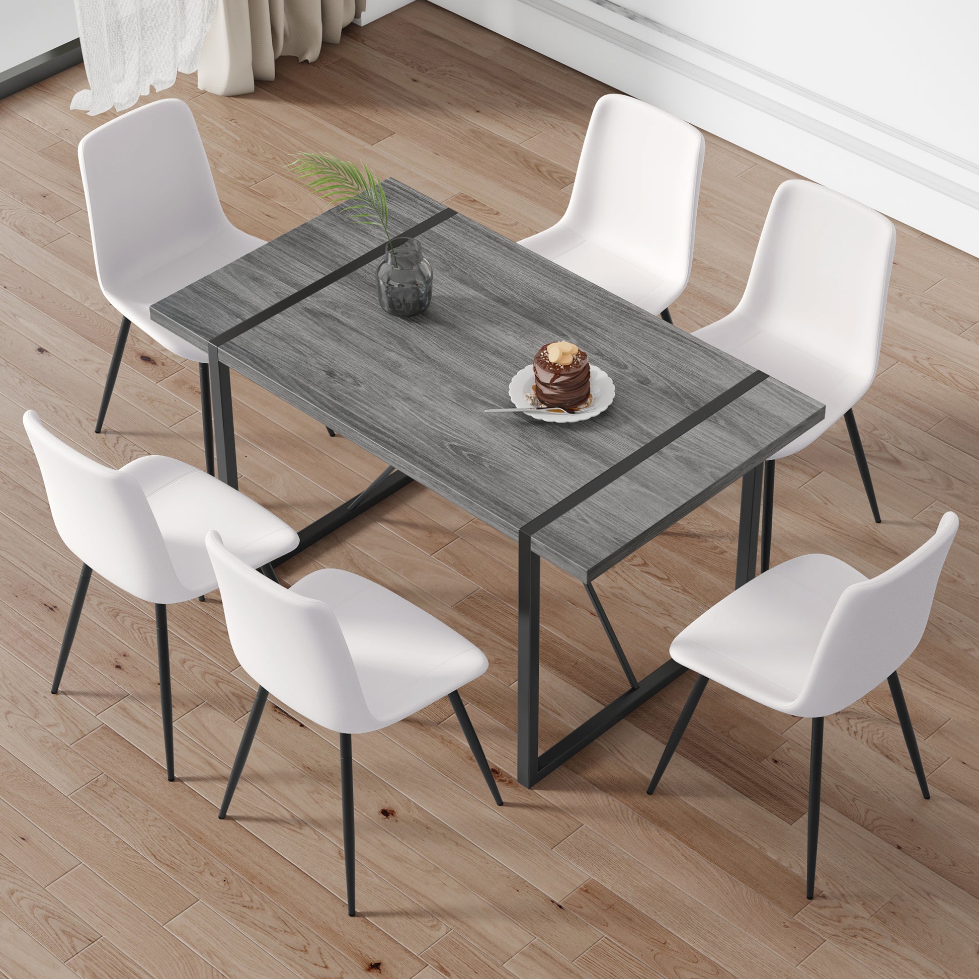 Table And Chair Set, Textured Top In Vintage Retro Grey Wood Grain Desktop, Black Metal Legs. Dining Chair With White Faux Leather Backrest Cushion With Black Metal Legs. Gray,Wood Seats 6 Mdf Metal