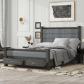 Queen Size Wood Frame Platform Bed With Upholstered Headboard, Footboard And 2 Drawers, Antique Gray Box Spring Not Required Queen Antique Gray Wood Bed Frame Solid Wood Mdf