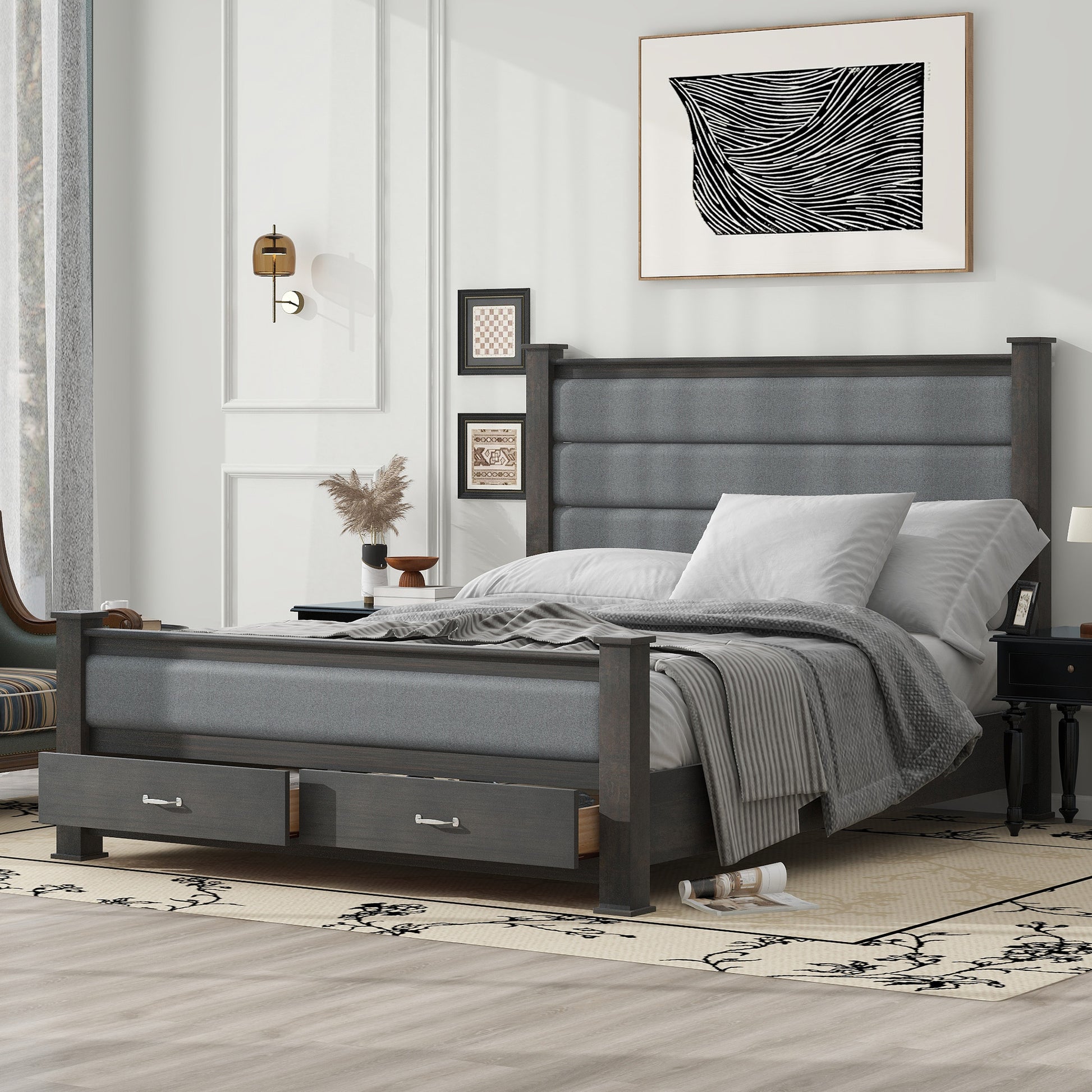 Queen Size Wood Frame Platform Bed With Upholstered Headboard, Footboard And 2 Drawers, Antique Gray Box Spring Not Required Queen Antique Gray Wood Bed Frame Solid Wood Mdf