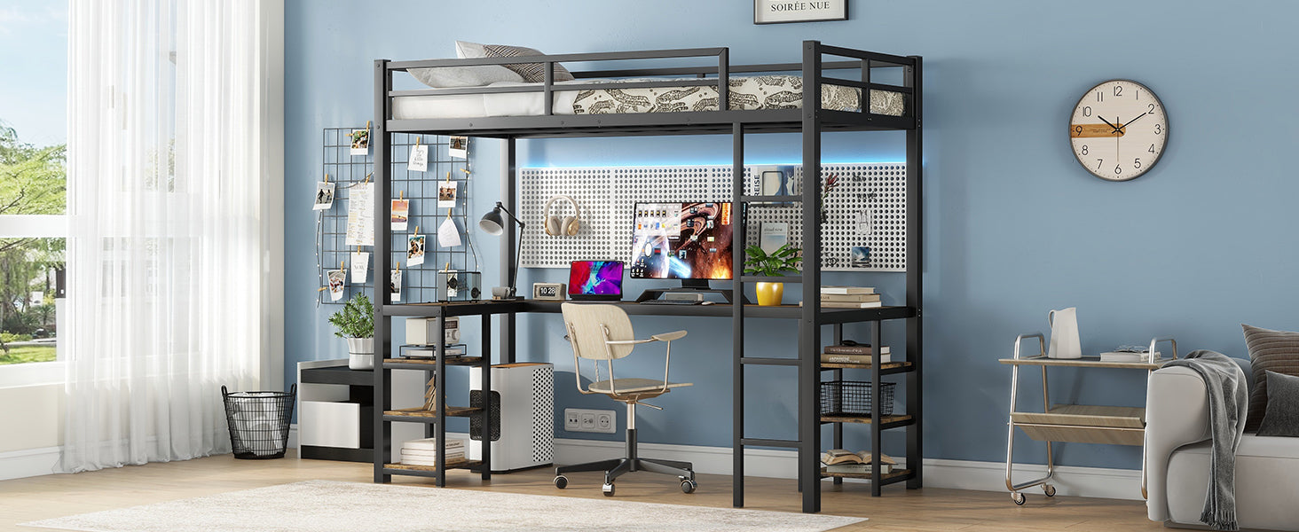 Twin Xl Metal Loft Bed With Desk And Shelves, Loft Bed With Ladder And Guardrails, Loft Bed Frame For Bedroom, Black Twin Xl Black Metal