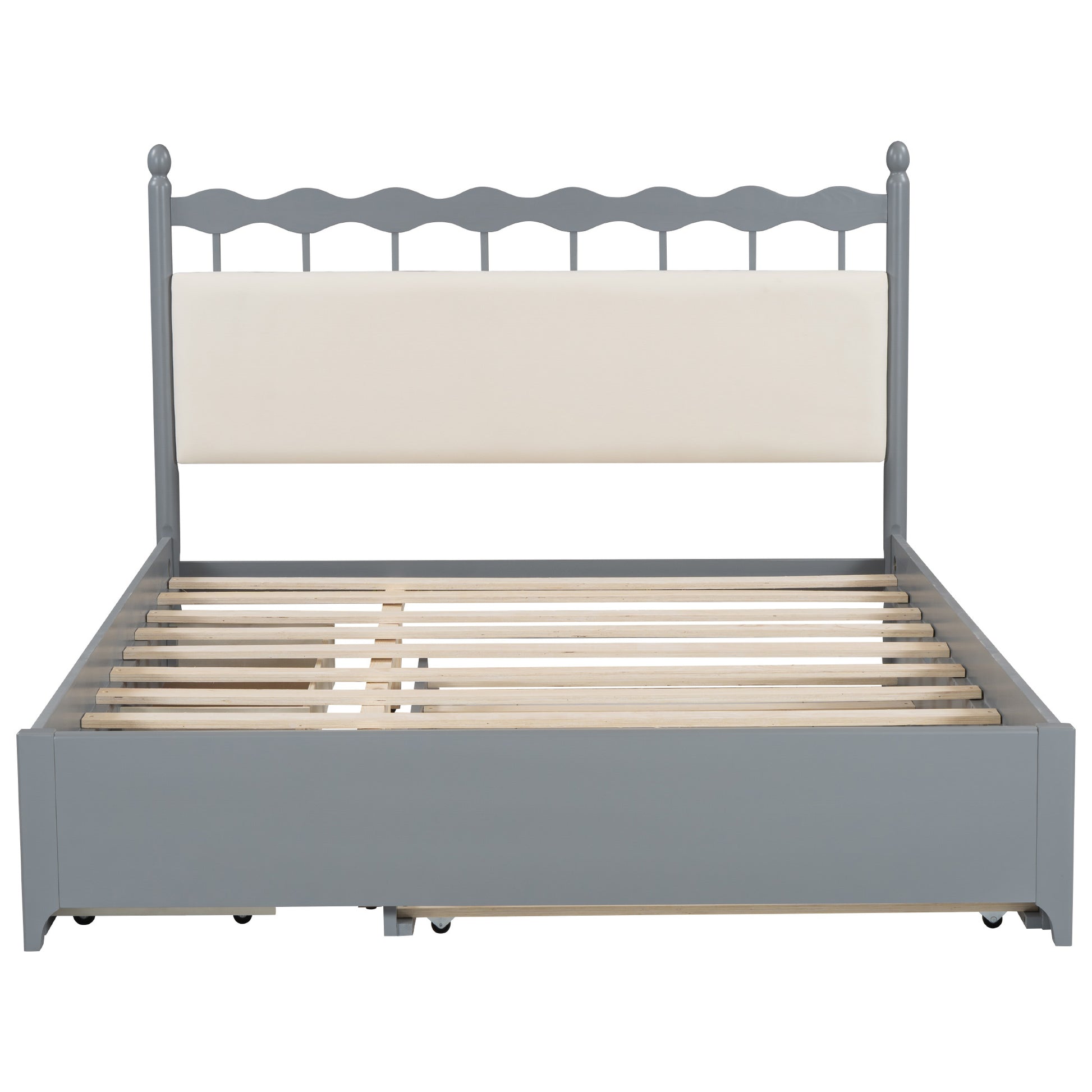Queen Size Wooden Storage Platform Bed, With 2 Big Drawers, T Size Trundle, Gray Queen Gray Plywood