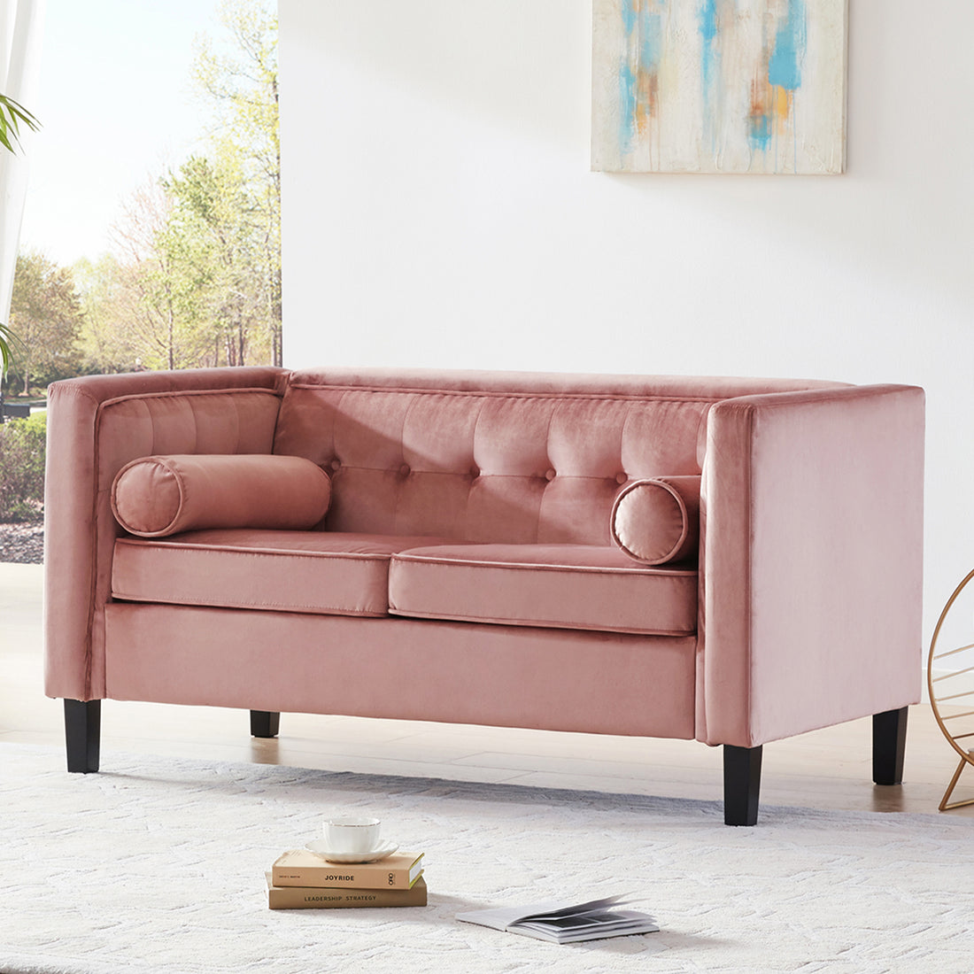 Mid Century Velvet Sofa, Beautiful Seats Sofa Furniture With Bolster Pillows, Button Tufted Couch For Living Room, Tool Free Assembly, Pink Gray Wood Primary Living Space Heavy Duty Acacia 2 Seat