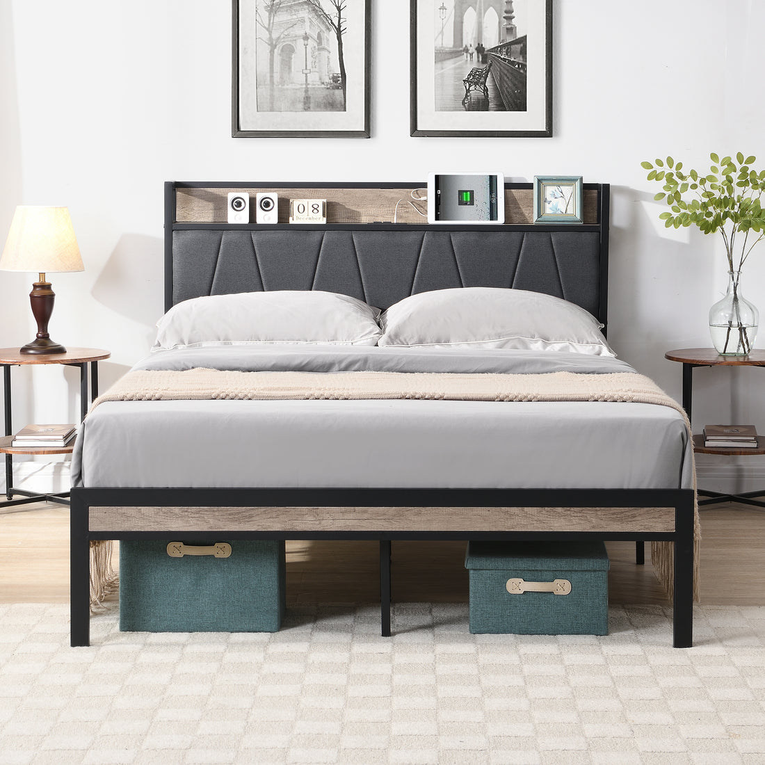 Full Size Metal Platform Bed Frame With Upholstery Storage Function Headboard And Usb Liner And Footboardno Box Spring Needed, Large Under Bed Storage, Easy Assemble Full Beige Black Metal & Wood