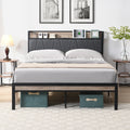 Full Size Metal Platform Bed Frame With Upholstery Storage Function Headboard And Usb Liner And Footboardno Box Spring Needed, Large Under Bed Storage, Easy Assemble Full Beige Black Metal & Wood