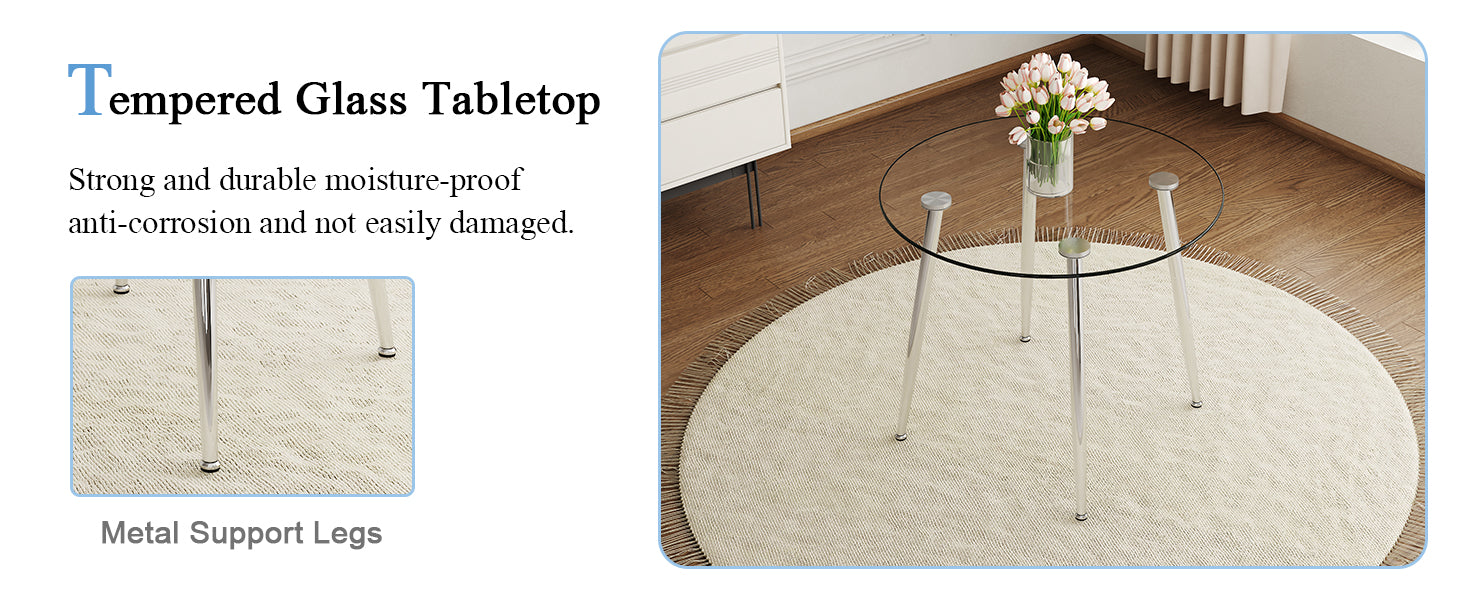 A Modern Minimalist Round Transparent Tempered Glass Table With Silver Metal Legs And 4 Modern Pu Leather High Backed Dining Chairs For A Luxurious Experience. Black Seats 4 Glass Metal