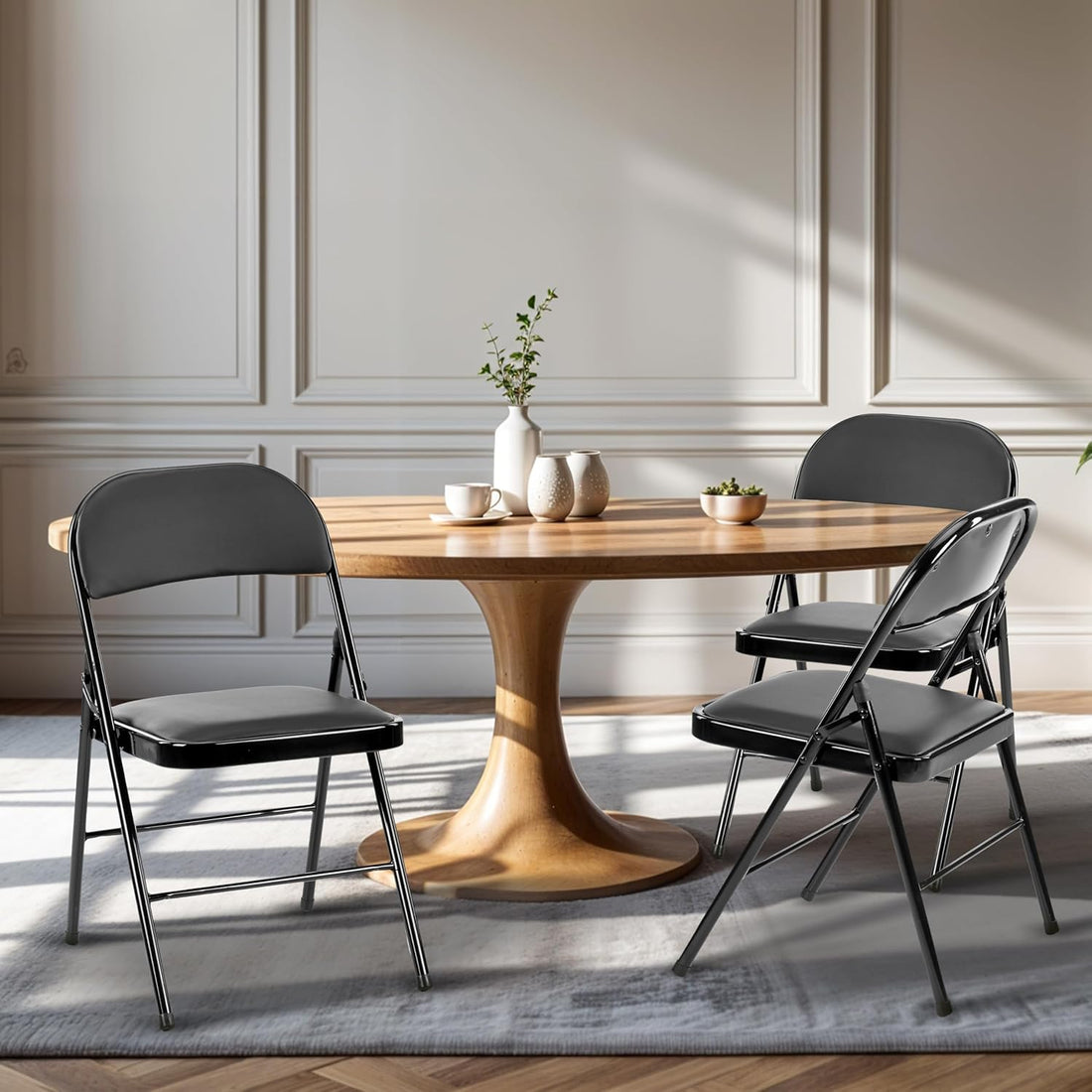 4 Pack Folding Chairs With Leather Padded Cushion Seats & Durable Metal Frame, Comfortable, Foldable, Portable, Commercial Event Seat, Indoor Outdoor For Parties, Home, Office, Black Black Leather