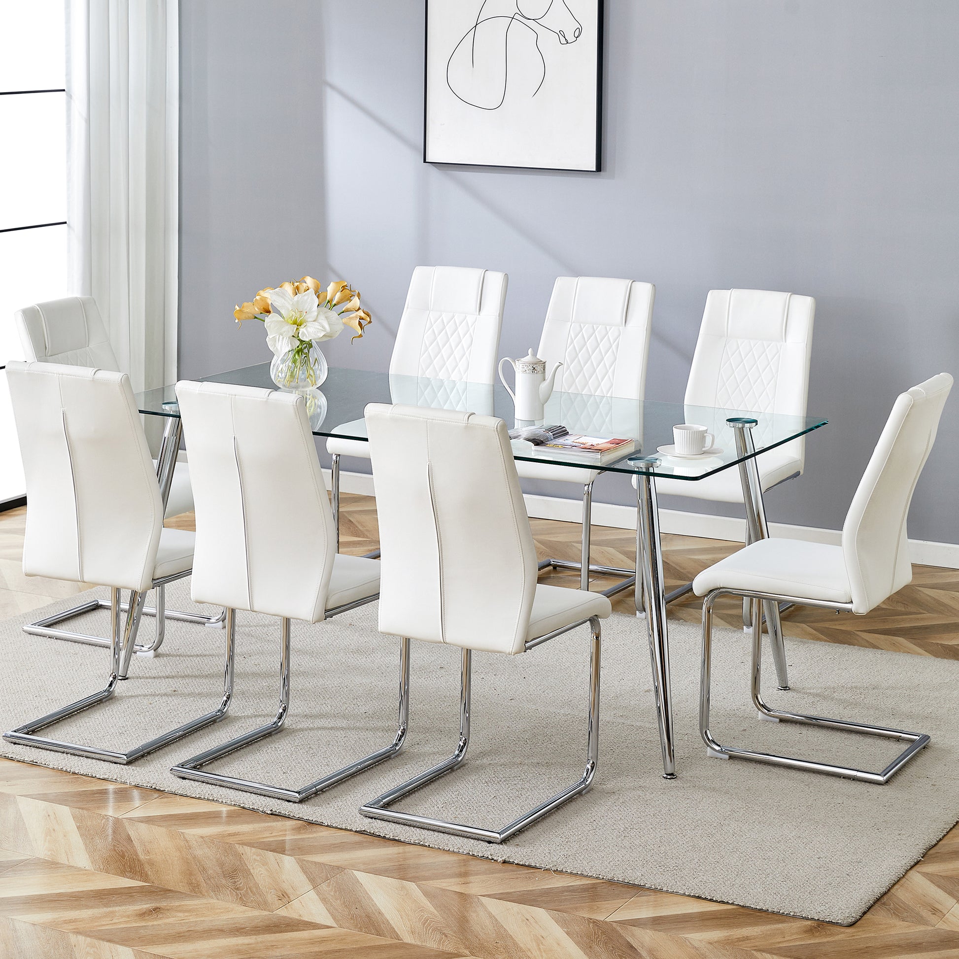 Table And Chair Set.Modern Rectangular Glass Dining Table With A Tempered Glass Tabletop And Silver Metal Legs, Paired With Multiple Chairs Designed With Pu Cushions And Silver Metal Legs. Silver White Seats 8 Tempered Glass