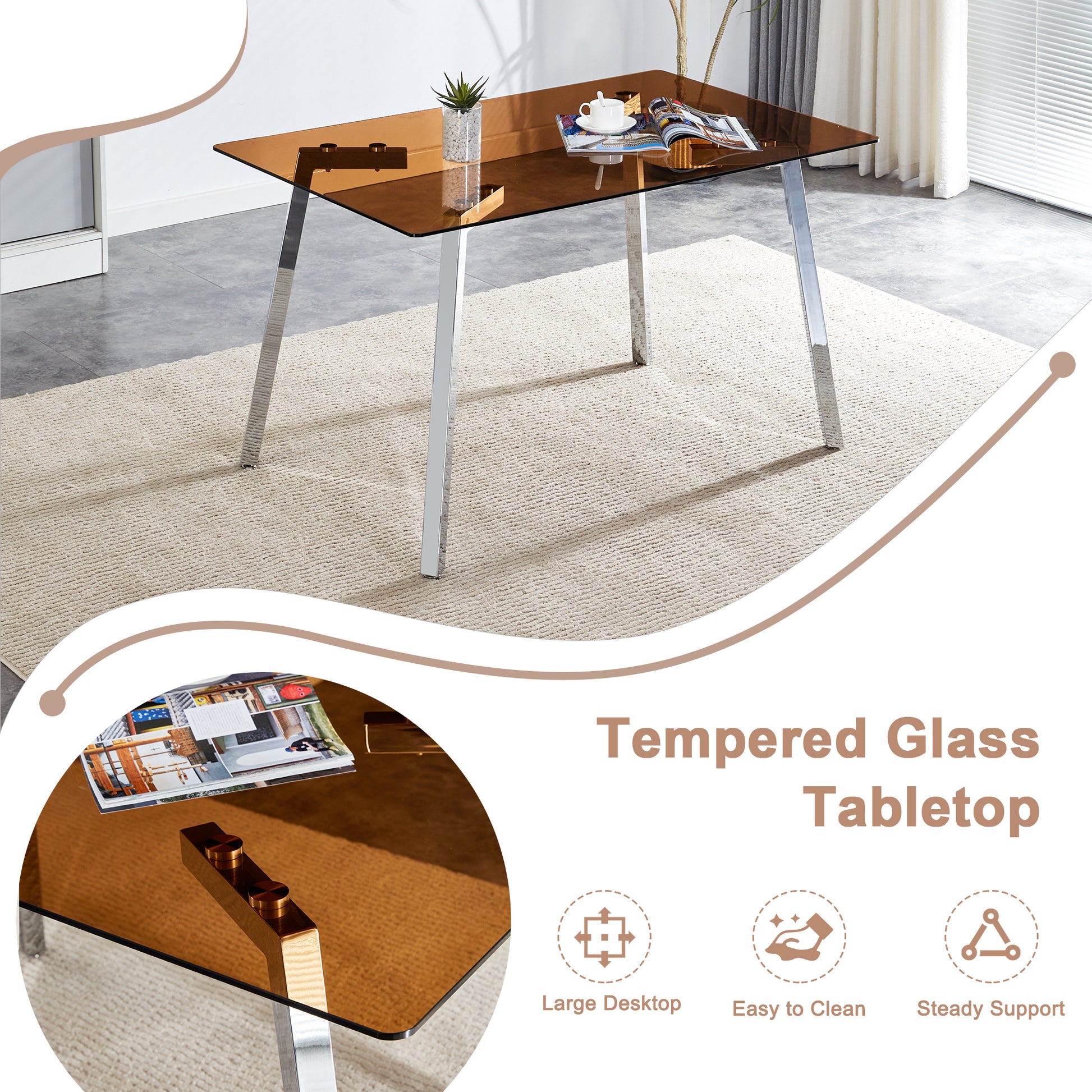 Table And Chair Set.Large Modern Rectangular Table With Brown Glass Top And Silver Metal Legs. Paired With 6 Black Chairs With Checkered Armless High Back Pu Cushion And Silver Metal Legs. Black,Silver Seats 6 Glass Metal