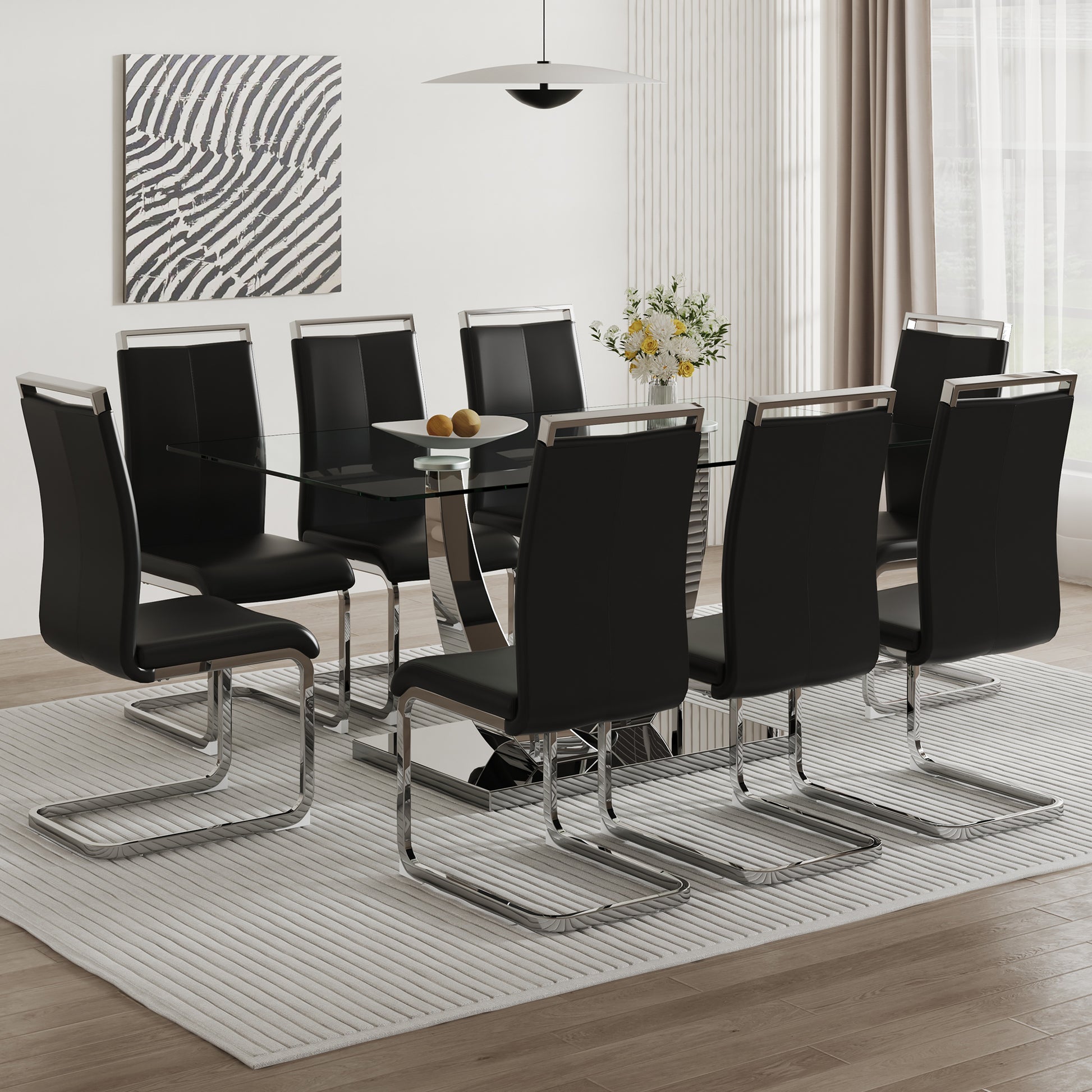 Table And Chair Set. Large Modern Rectangular Table With Glass Top And Silver Metal Legs. Furnished With Soft And Comfortable Pu Chairs With Faux Leather Upholstered Seats And Silver Metal Legs. Black Silver Seats 8 Glass Metal