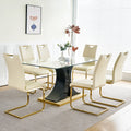 Modern Style Glass Dining Table With Elegant Transparent Design, Solid Support Base, Pale Yellow Dining Chair Set With Gold Plated Legs, Suitable For Restaurant Kitchens Set Of 7 Yellow Glass