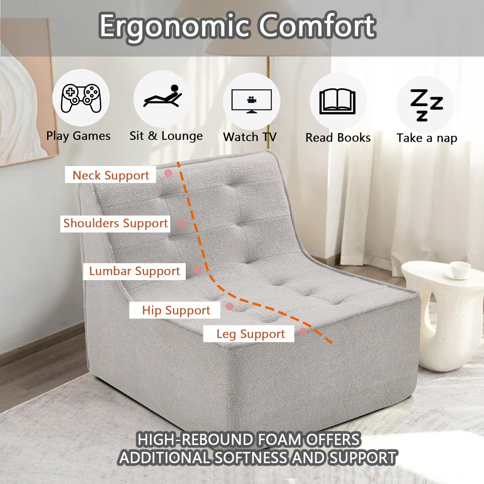 Fireside Chair, Lazy Floor Sofa Couch, Teddy Velvet Bean Bag Chair, Tatami Sofa With High Resilience Foam For Living Room, Bedroom, Office Salon, Gray Gray Soft Foam Foam,Teddy