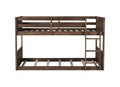 Twin Over Twin Floor Bunk Bed With Panelled Headboard And Footboard, Solid Rubber Wood Foundation With Safety Guardrails, Built In Ladder,Antique Oak Twin Antique Dark Oak Rubber Wood