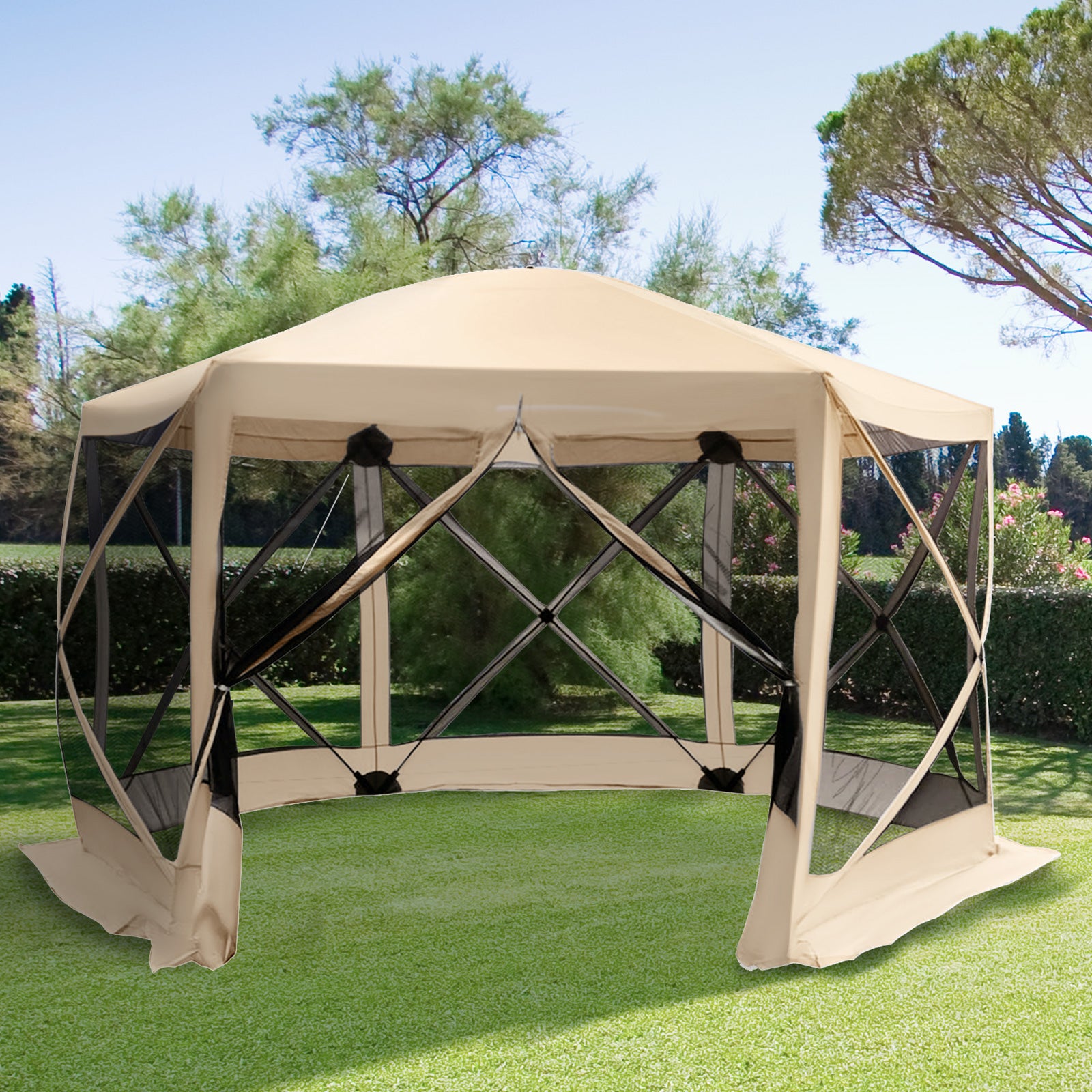 Outsunny 12' X 12' Hexagon Screen House, Pop Up Tent Portable Gazebo Canopy Shelter With Mesh Netting Walls, Carry Bag And Shaded Interior, Beige Beige Polyester