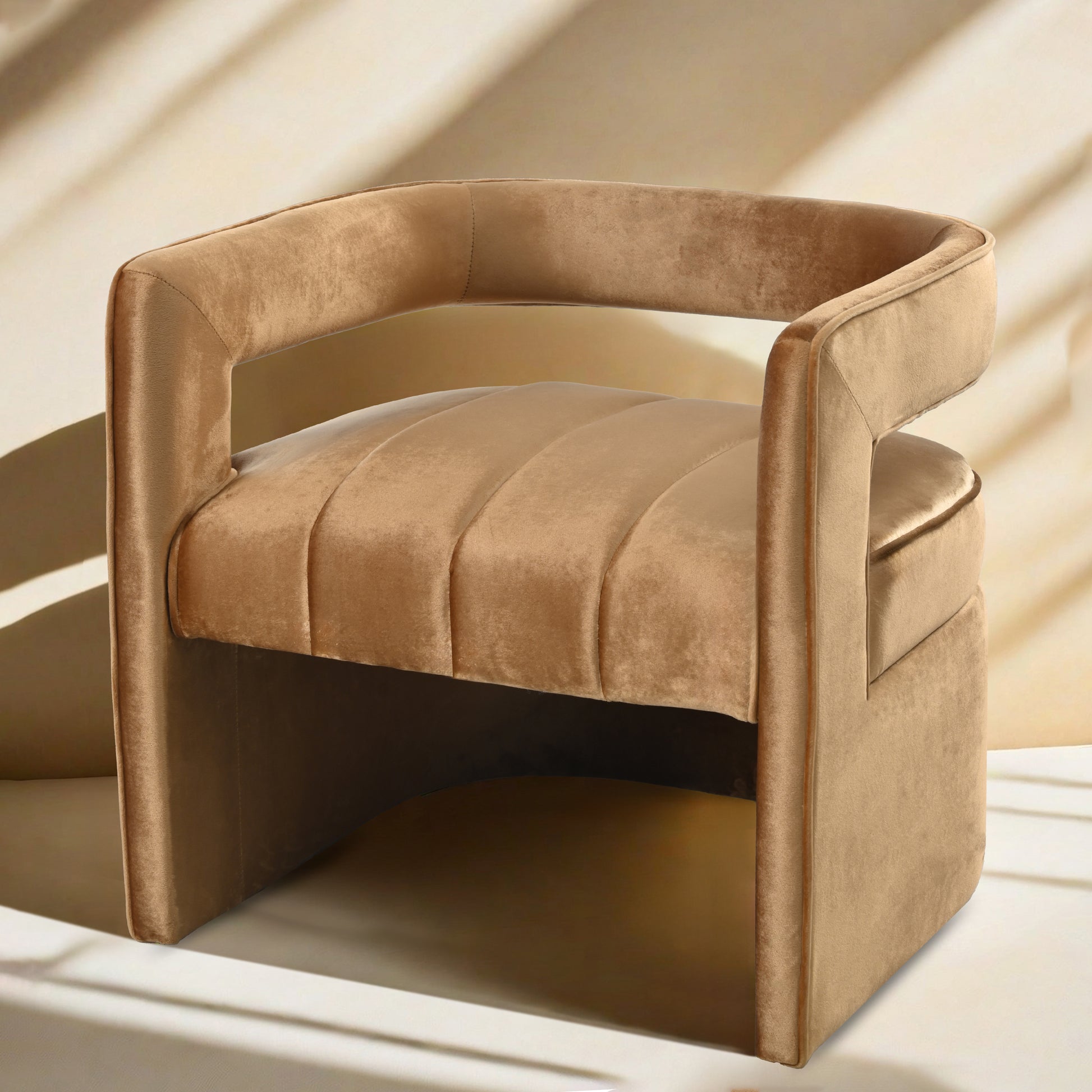 Modern Velvet Accent Chair With Ribbed Detail, Luxury Curved Fully Upholstered Accent Chair, Brown No Assembly Needed Brown Velvet