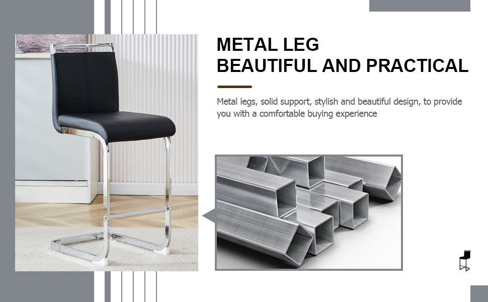 Table And Chair Set. A Rectangular Glass Dining Table With A 0.4 Inch Tempered Glass Tabletop And Mdf Board V Shaped Bracket, Paired With 2 Chairs Consisting Of Pu Seat Cushions And Silver Metal Legs. Black Seats 2 Tempered Glass