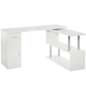 Homcom Rotating Computer Desk, 55" L Shaped Desk, Corner Desk With Storage Shelves, Cabinet And Drawer For Home Office, White White Mdf