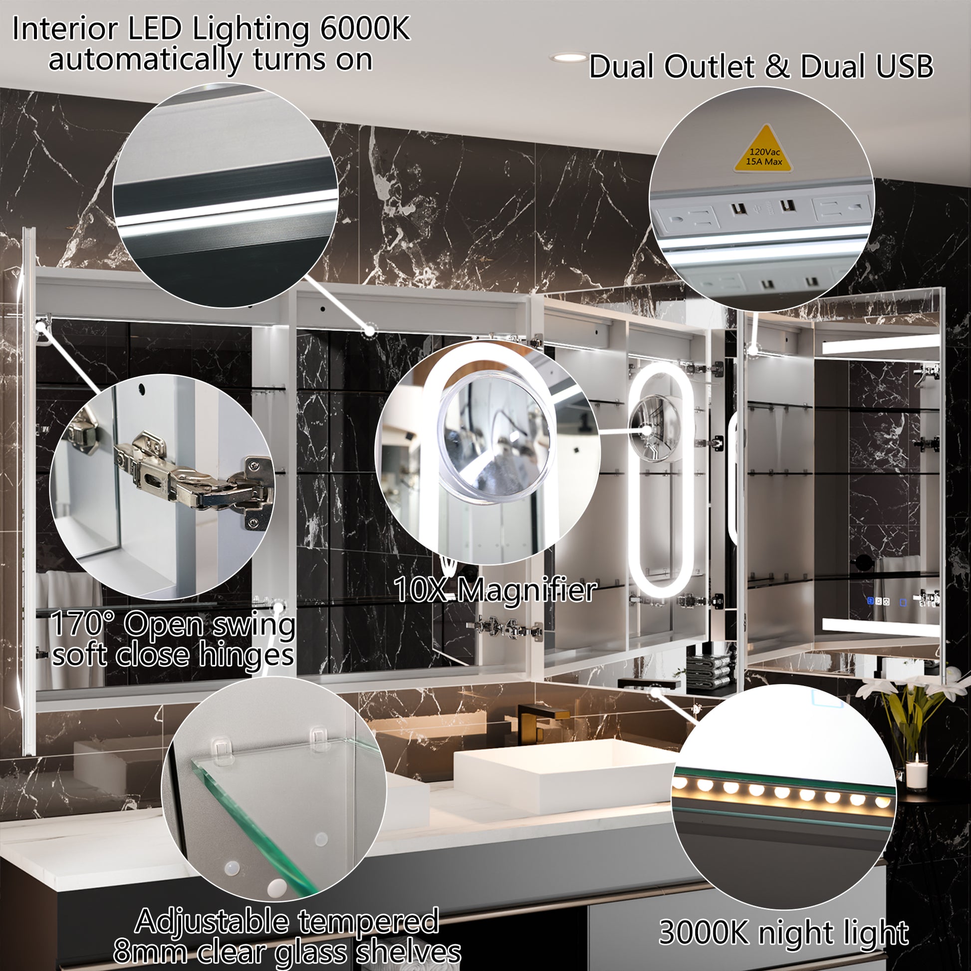 Smart Led Medicine Cabinet With Gfci Outlet & Blum Hinges, Buil Built In High Power Outlet ,72*36 Inchstepless Dimming & Anti Fog,Integrated Design,Multifunctional Bathroom Storage Silver Aluminium