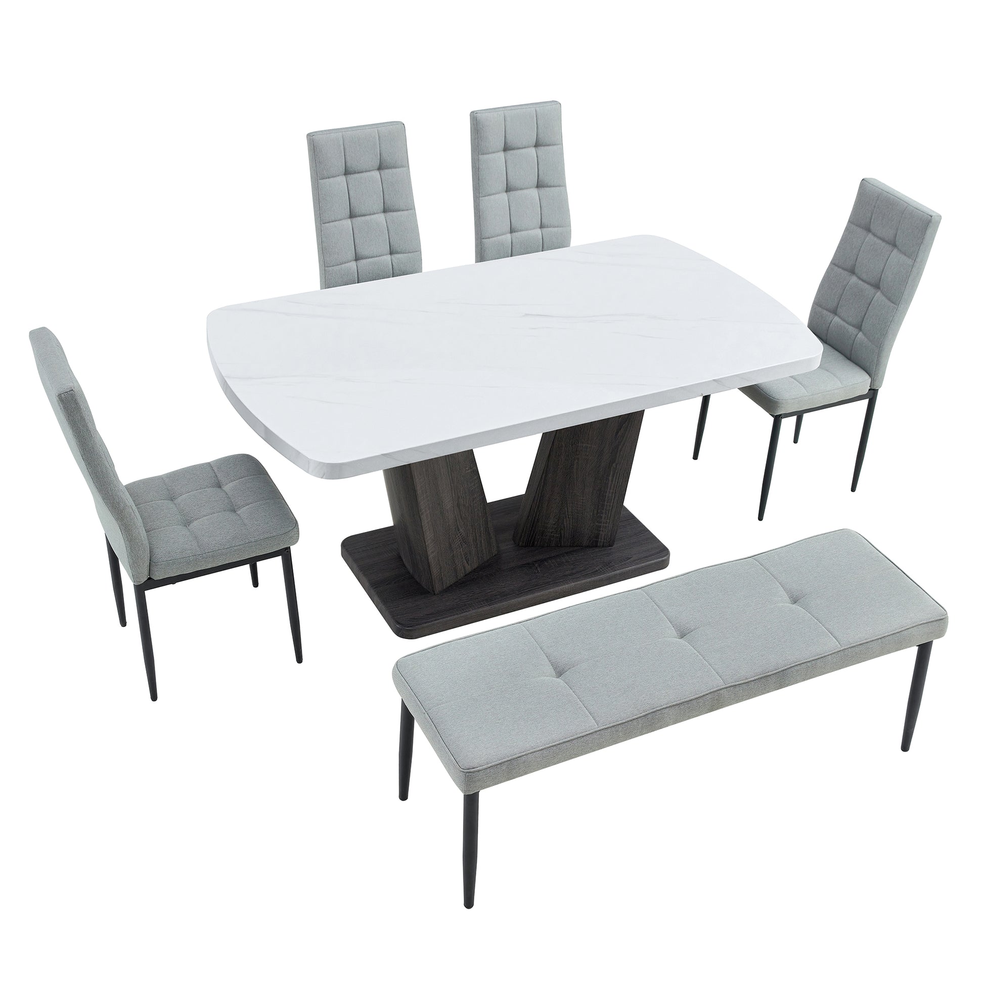 63" Modern Style 6 Piece Dining Table With 4 Chairs & 1 Bench, Table With Marbled Veneers Tabletop And V Shaped Table Legs White Metal Grey White Modern Rectangular Mdf Mdf