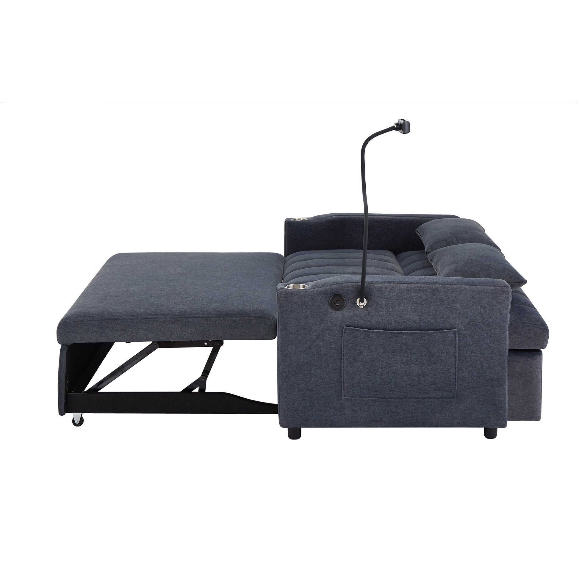 55.9" Convertible Sofa Bed Loveseat Sofa With Three Usb Ports, Two Side Pockets, Two Cup Holders And 360 Swivel Phone Holder For Living Room, Blue Grey Blue Gray Foam Polyester