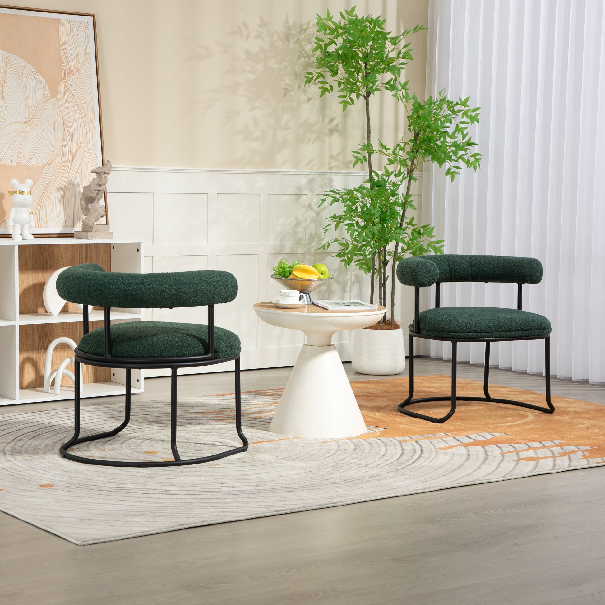 Coolmore Boucle Dining Chairs Set Of 2, Mid Century Modern Curved Backrest Chair, Round Upholstered Kitchen Chairs Emerald Boucle Emerald Foam Mdf Metal