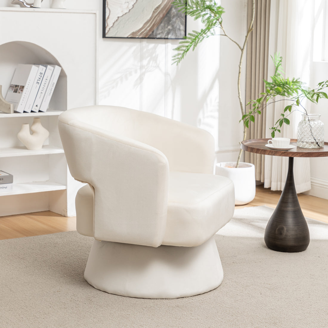Swivel Barrel Chair, Velvet Accent Armchair 360 Degree Swivel Club Chair For Living Room Bedroom Reception Room White Foam Velvet
