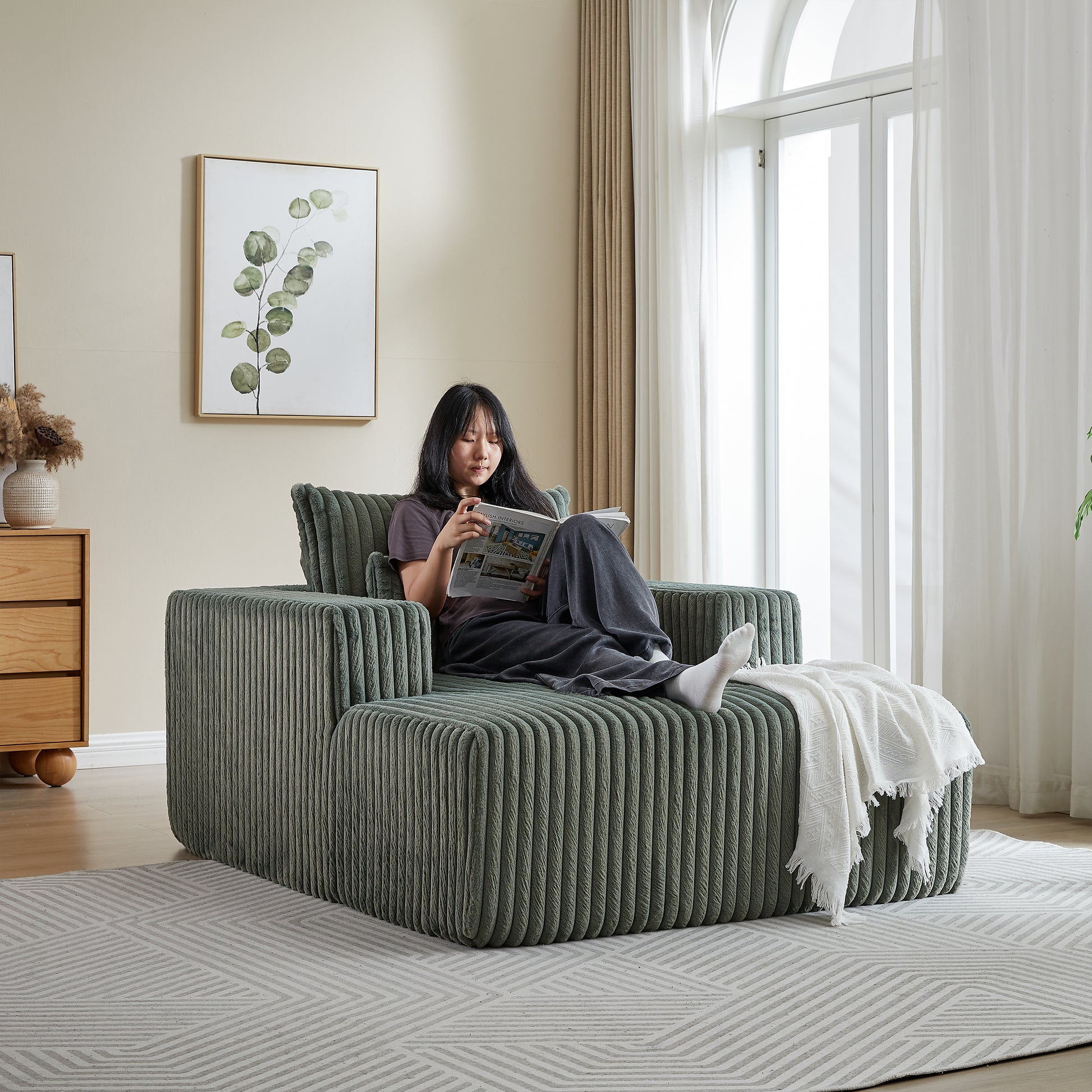 62.5 Inch Corduroy Sponge Sofa Lounge Chair,No Assembly Required,Fluffy Modern Sleeper Chair For Indoor Living Room Bedroom Army Green Foam Corduroy 1 Seat