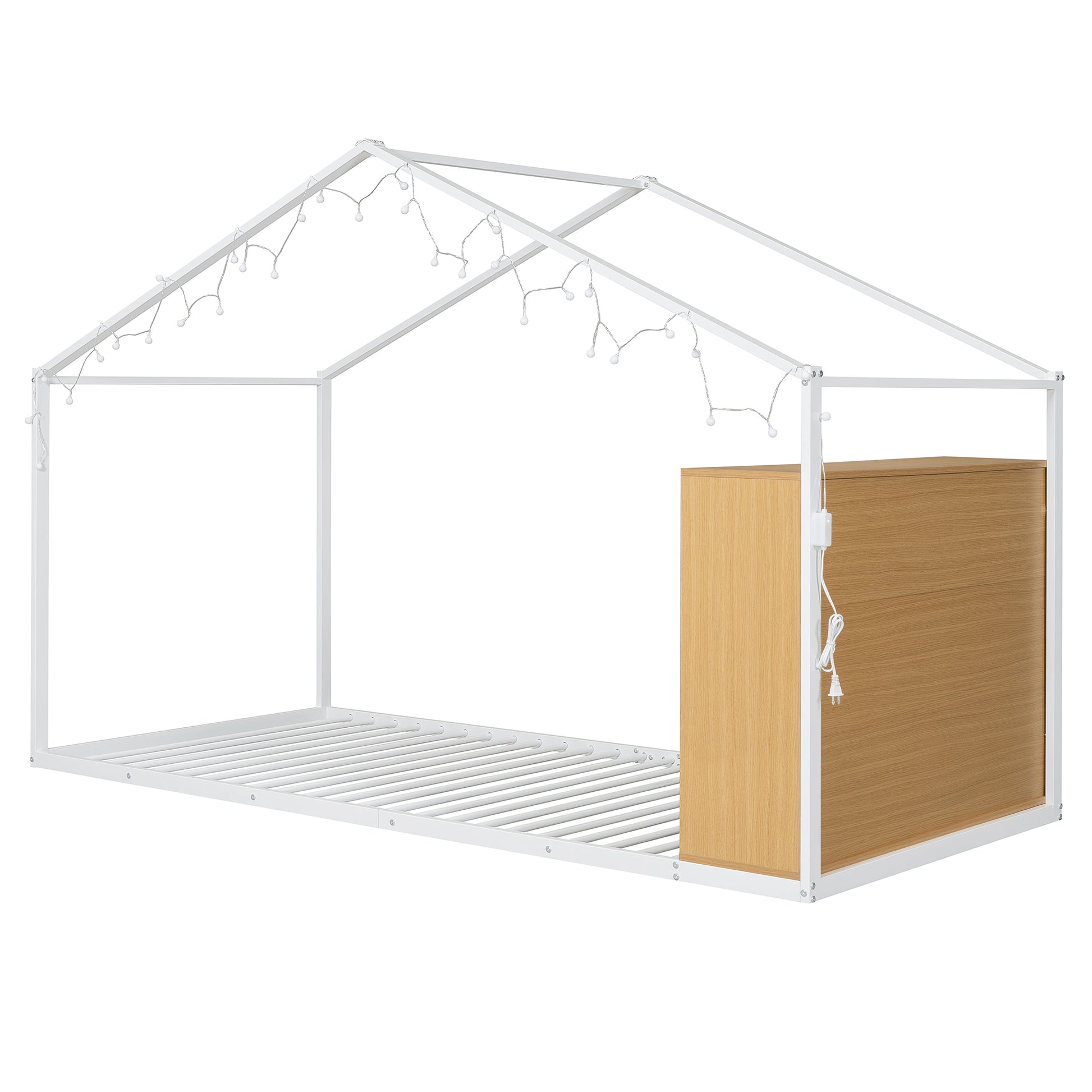 Twin Size Metal Bed House Bed Frame With Shelves And Lights, White Twin White Metal & Wood