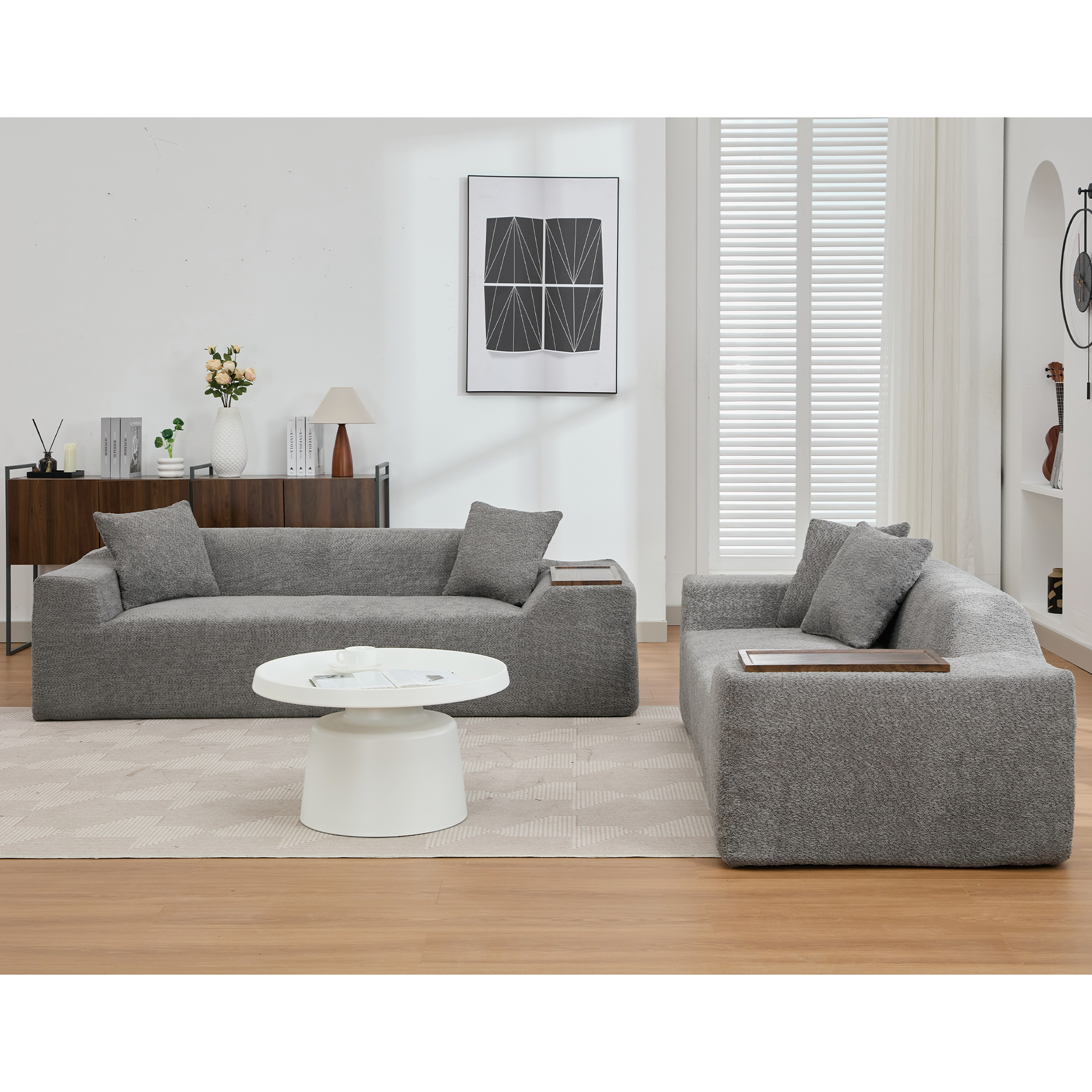 Arrived 2 Piece Boucle Cloud Sofa Set, Upholstered Sofa Set, Modern 3 Seater And 2 Seater Sofa With Mdf End Table For Living Room ,Apartment,3 2 Couch,Boucle,Dark Gray Gray Polyester Primary Living Space Soft Tight Back Modern Square Arms Foam