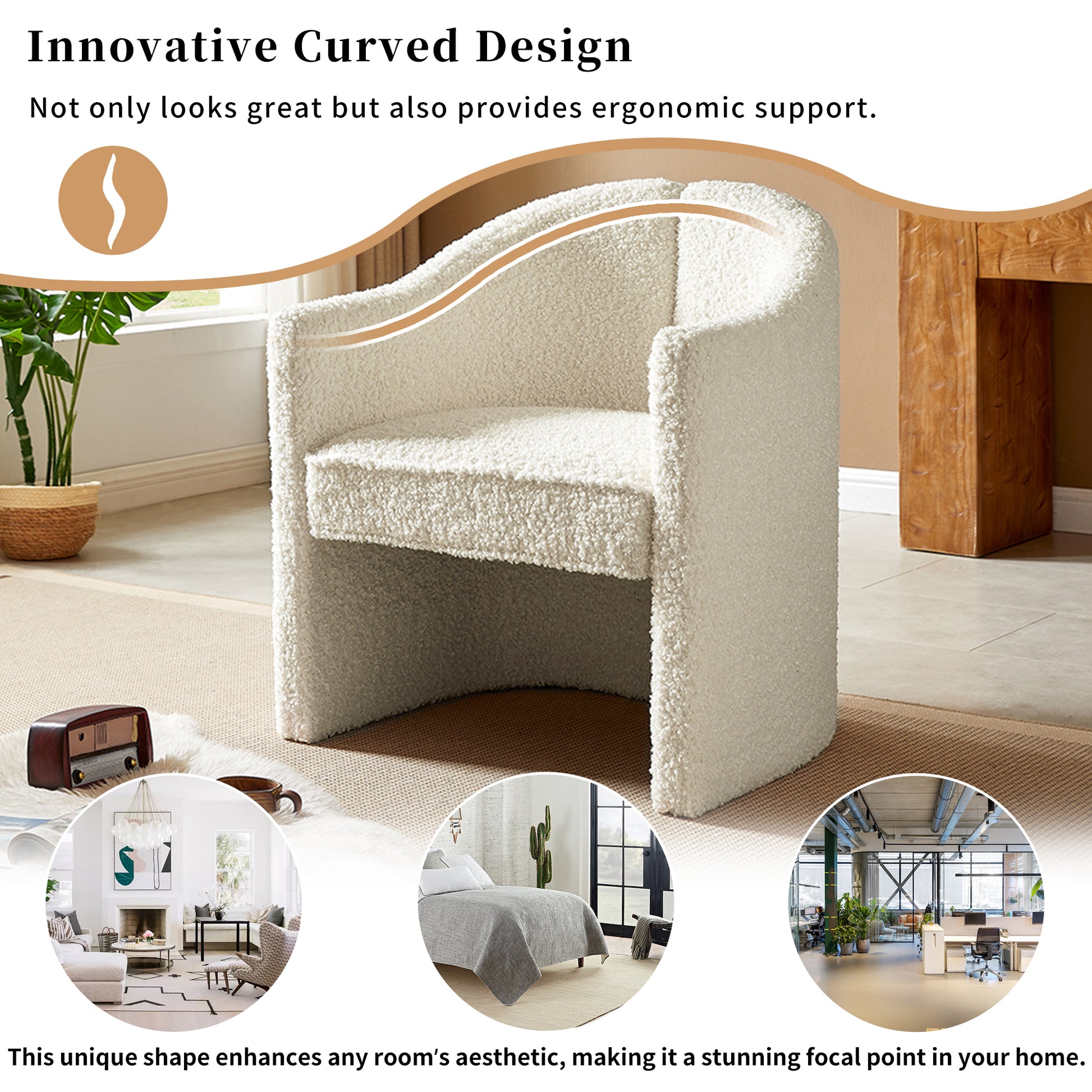 Mirod Stylish Curved Design, Comforting Embrace, Versatile Aesthetic, Dual Purpose Decorative Accent Chair, For Living Room,Bedroom And Study White Boucle