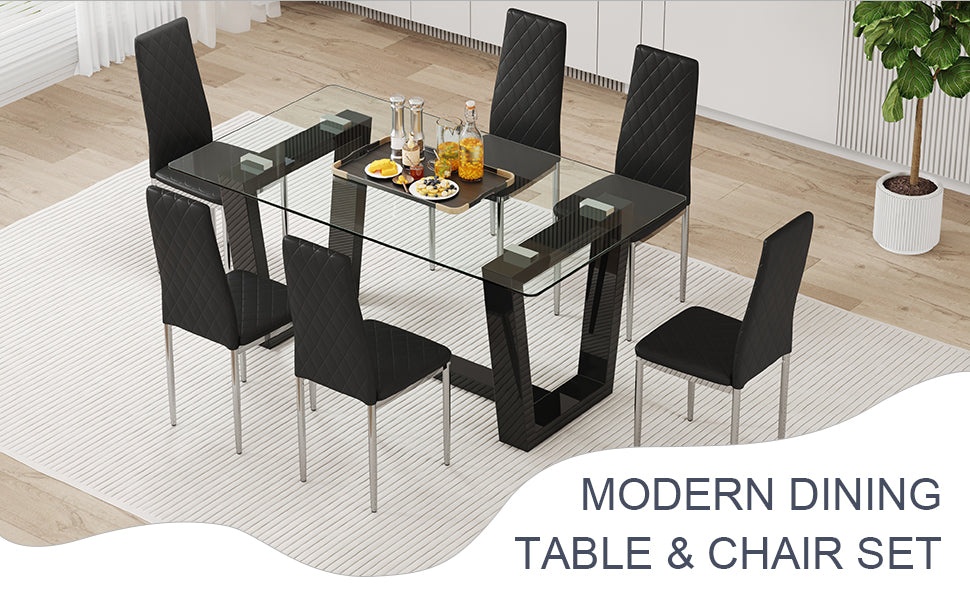Table And Chair Set.A Rectangular Dining Table Features With Tempered Glass Top And Sleek Black Mdf Stand.Paried With 6 Pu Chairs With Checkered Armless High Back And Electroplated Metal Legs. Black,Transparent Seats 6 Mdf Glass