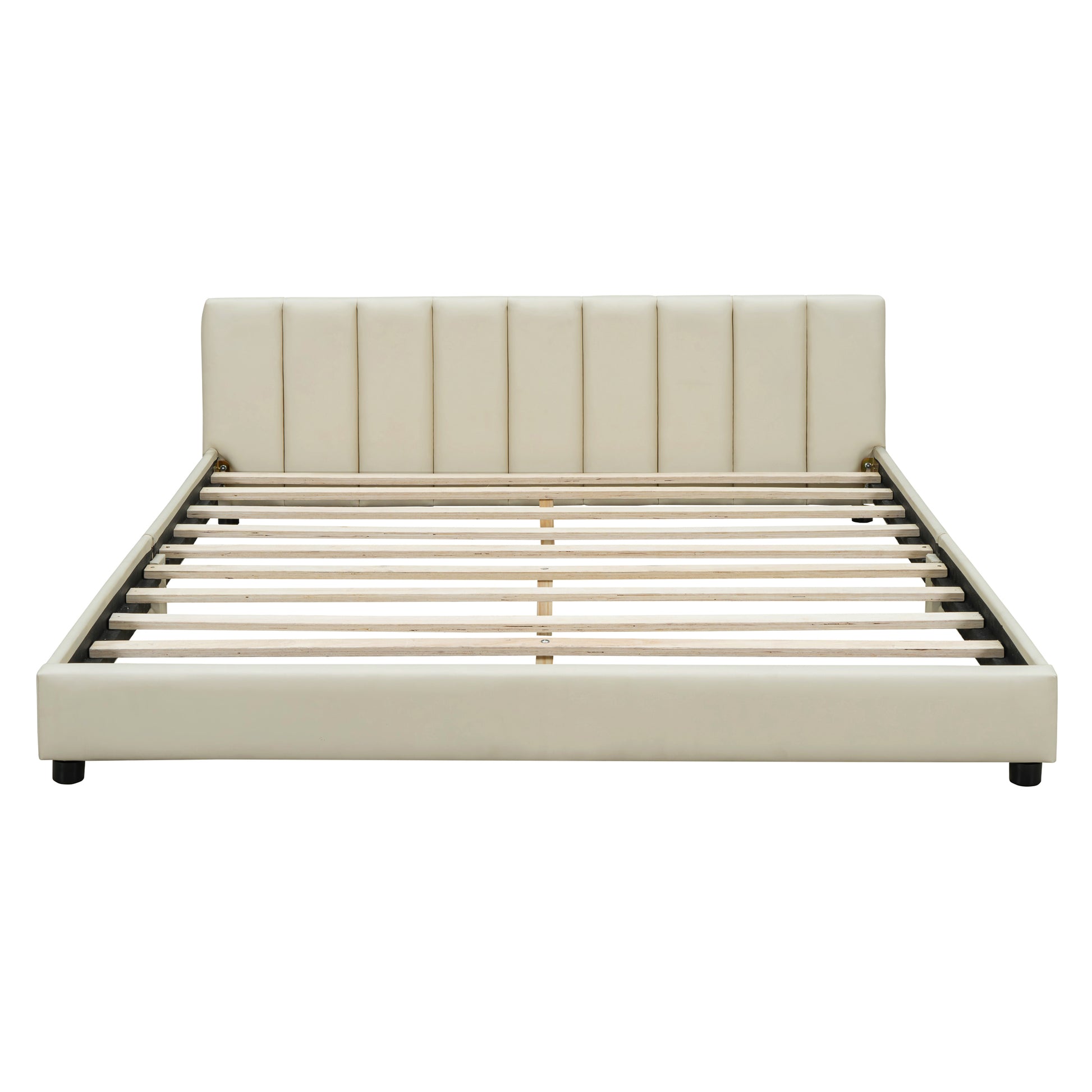 Queen Size & Twin Xl Size Upholstered Platform Bed, Mother & Child Bed, Pu Leather, Beige Beige Pu Leather