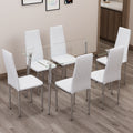 Table And Chair Set.Rectangular Dining Table With Tempered Glass Tabletop And Silver Plating Metal Legs.Paired With 6 Checkered Armless High Back White Chairs With Electroplated Metal Legs. White Seats 6 Glass Metal