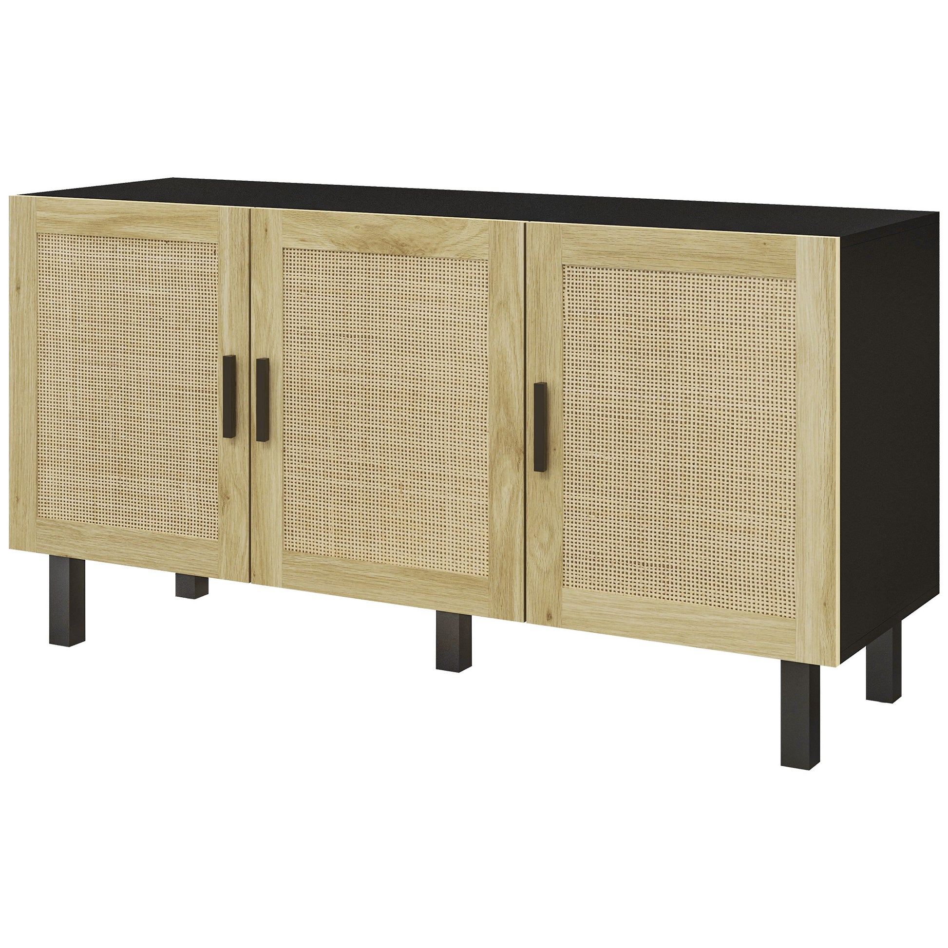 Homcom Sideboard Buffet Cabinet, Kitchen Cabinet, Coffee Bar Cabinet With 3 Rattan Doors And Adjustable Shelves, Black And Natural Black Natural Particle Board