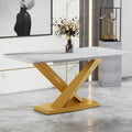 Large Modern Minimalist Rectangular White Imitation Marble Dining Table For 6 8 People With Mdf Top And Golden Legs, F 1551 Gold Mdf