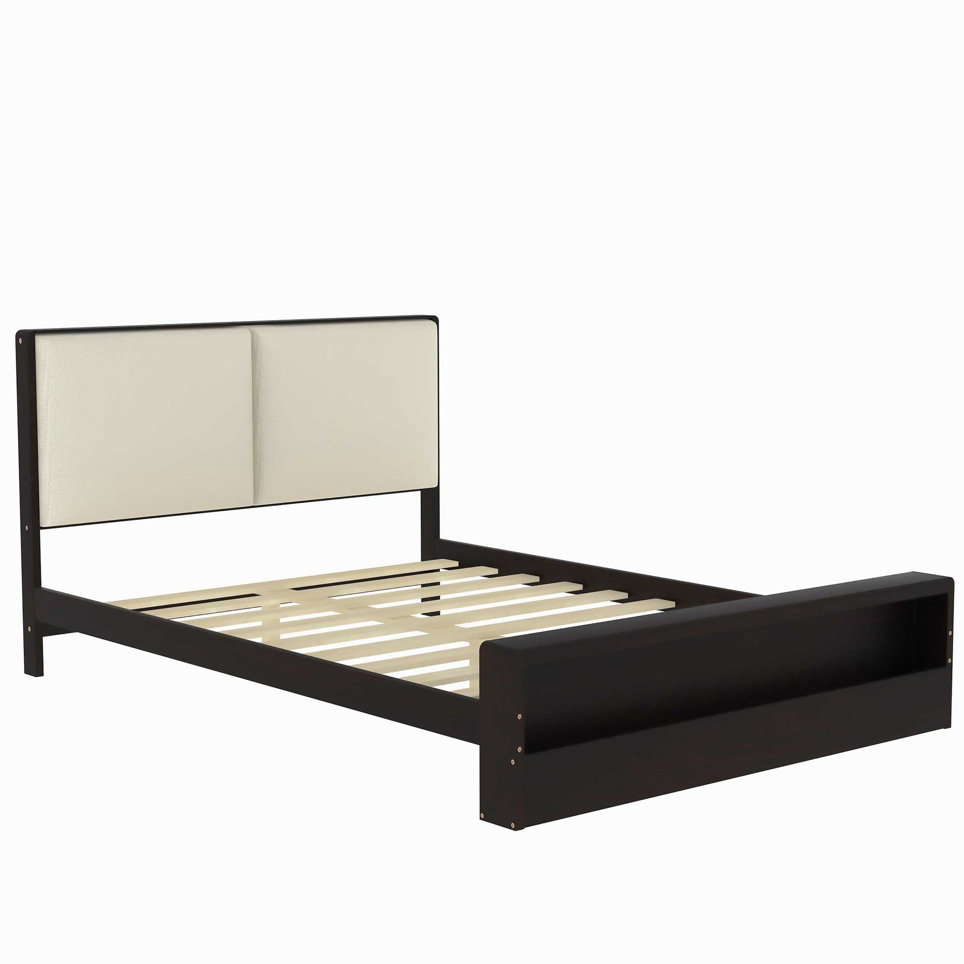 Queen Size Platform Bed Frame With Upholstery Headboard And Bookshelf In Footboard And Led Light Strips, Espresso Queen Espresso Solid Wood Mdf