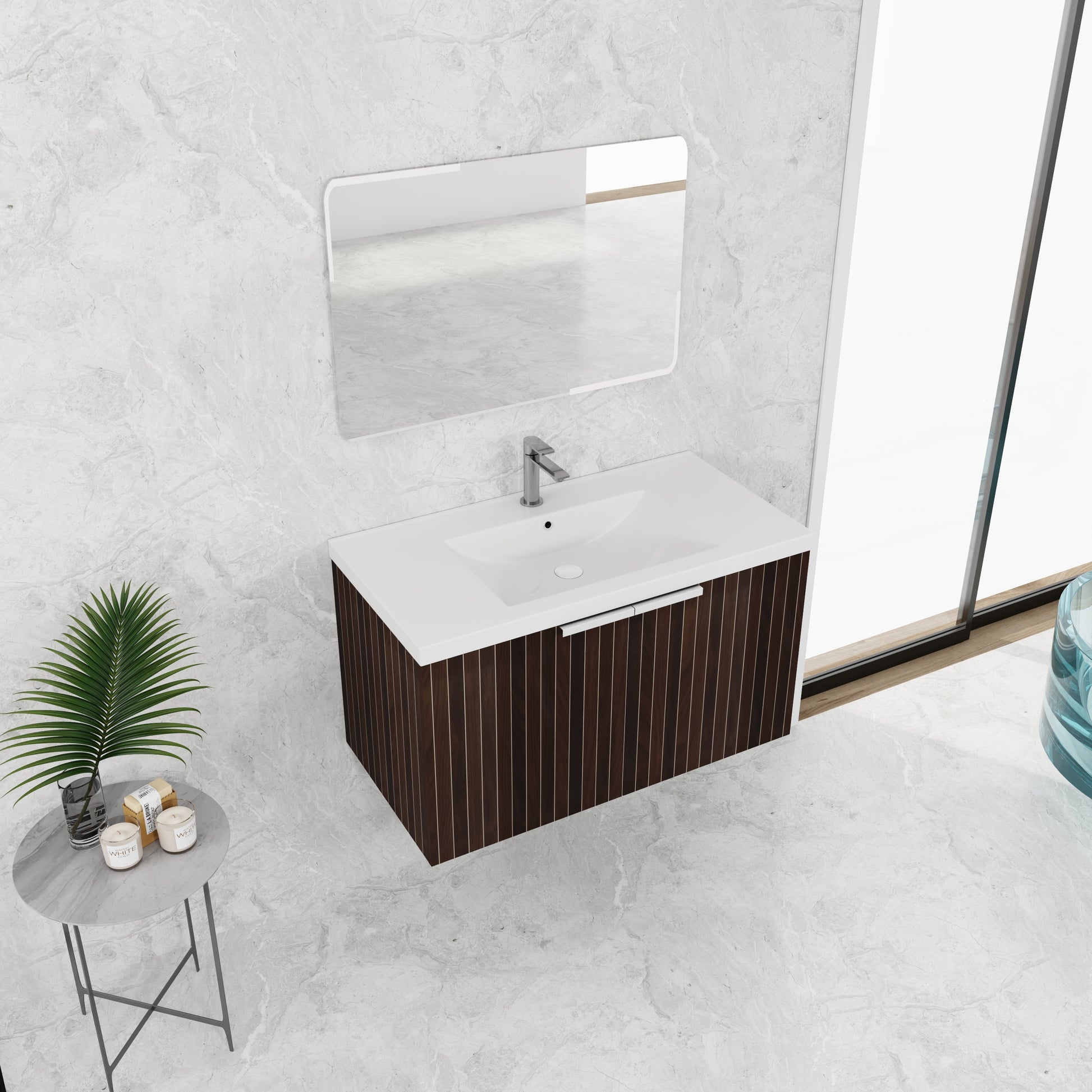 36 Inch Bathroom Cabinet With Resin Sink,Soft Close Doors,Float Mounting Design Silver Brown Stripe Bathroom Modern Plywood Plywood