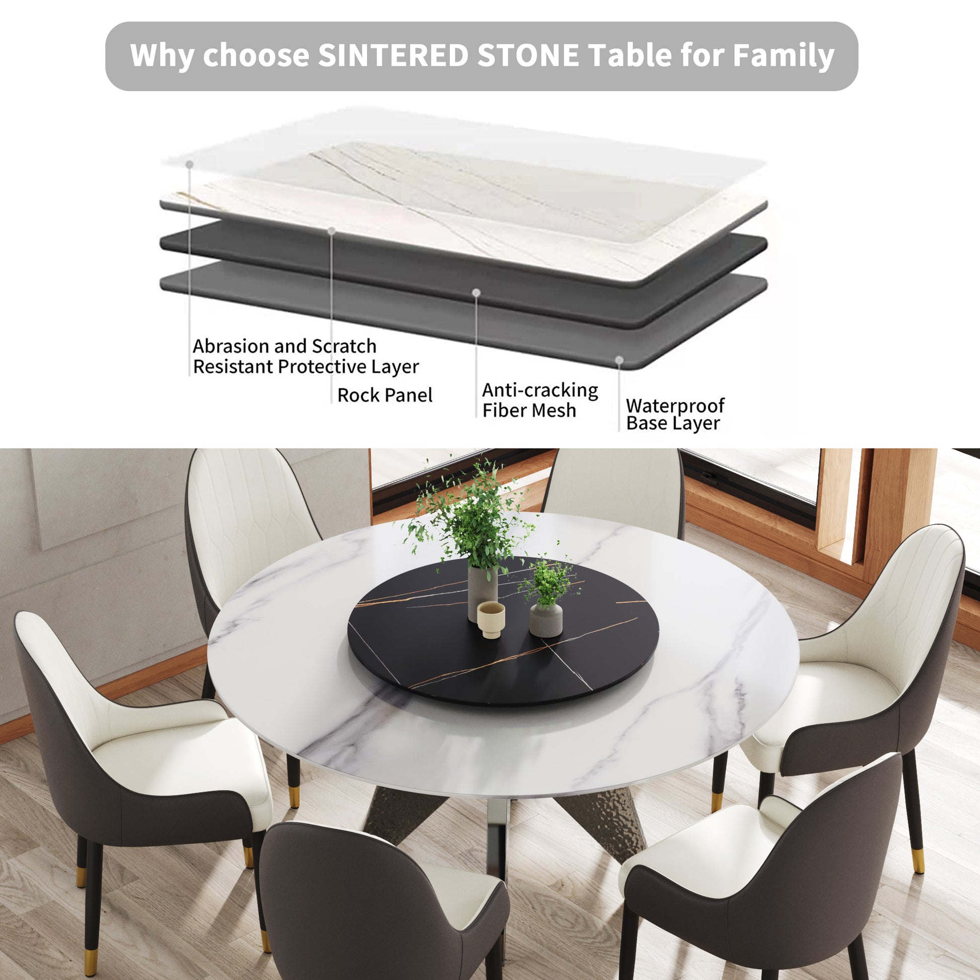 59.05" Round Marble Dining Table With Silver Stainless Steel Design Base, Artificial Marble For 6 8 People, 31.5"Black Artificial Stone Turntable,White&Black Dining Table Only Black,Silver,White