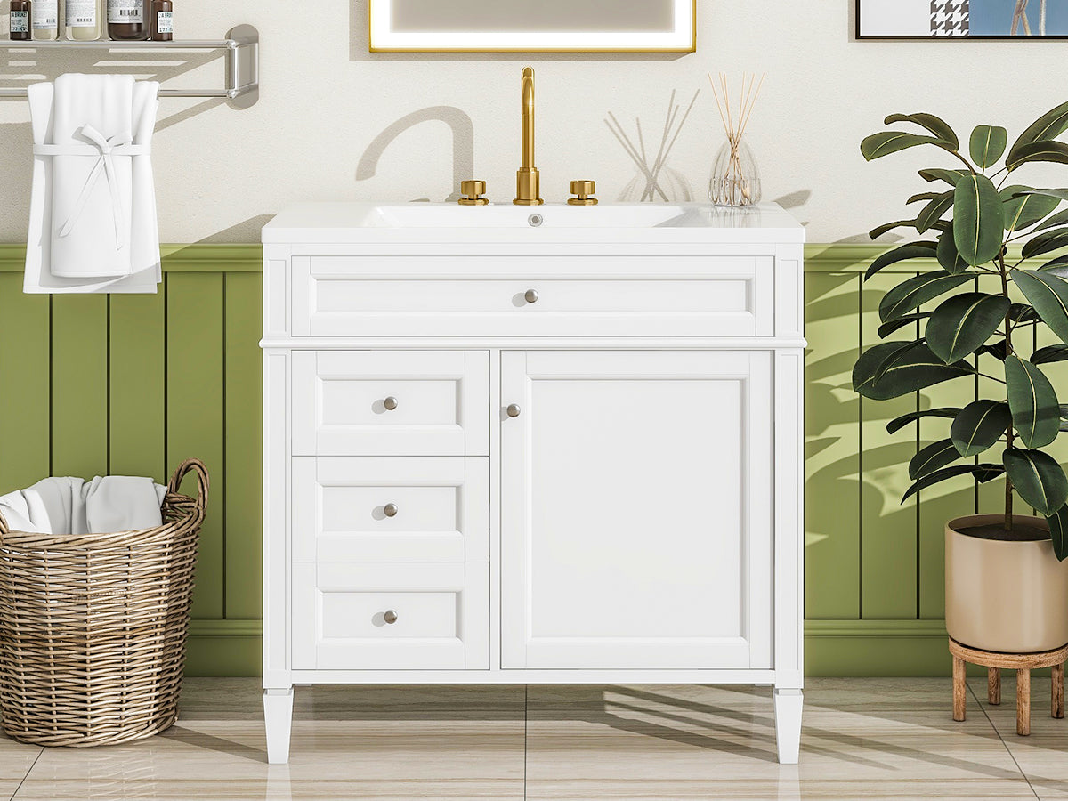 36'' Bathroom Vanity With Top Sink, Modern Bathroom Storage Cabinet With 2 Drawers And A Tip Out Drawer, Single Sink Bathroom Vanity White Bathroom Solid Wood Mdf Ceramic,Solid Wood Mdf