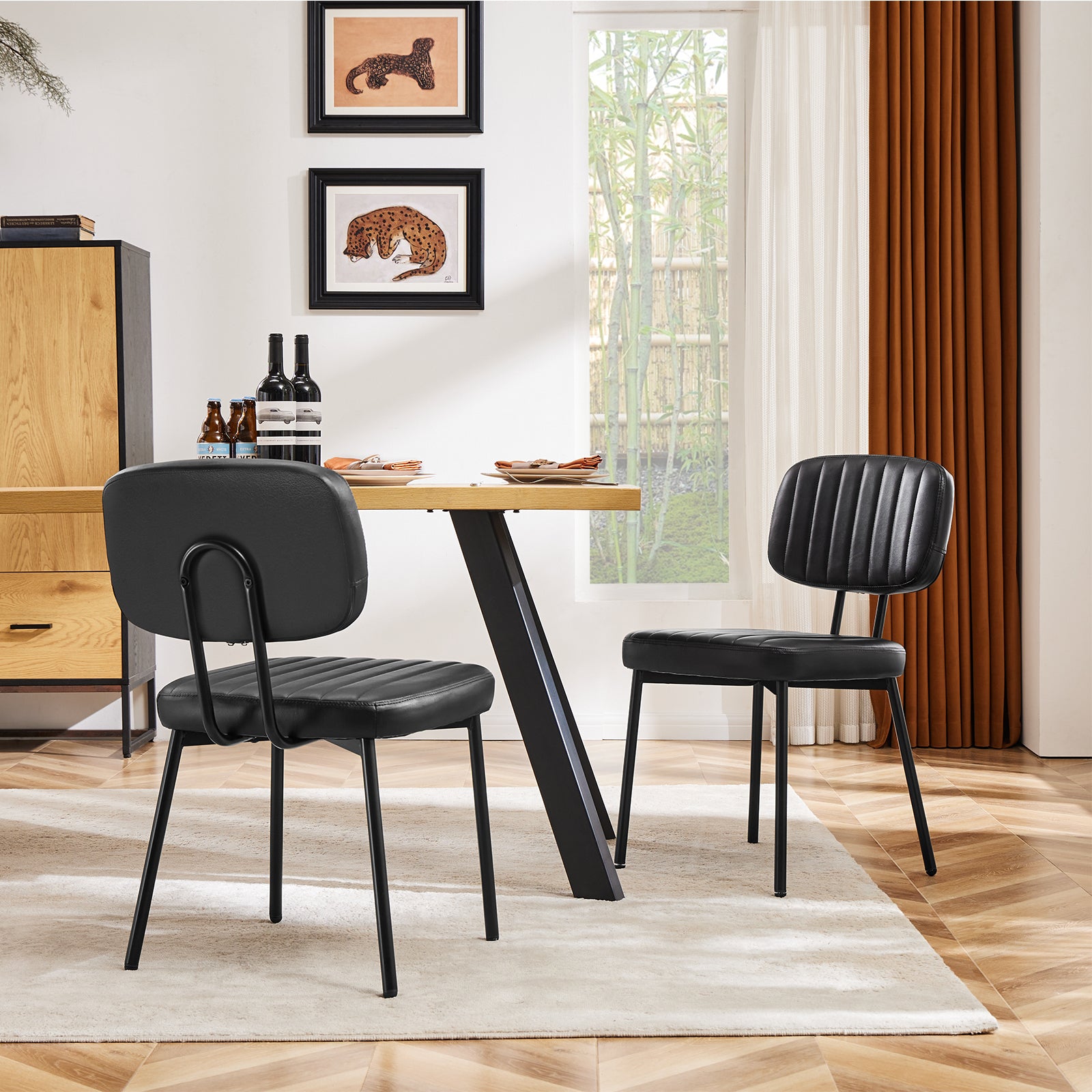 Dining Chairsupholstered Mid Century Modern Kitchen Dining Room Accent Chairs With Faux Leather Cushion Seat & Metal Legs For Kitchen, Living Room Black Set Of 2 Black Abs Rubber Steel Q235
