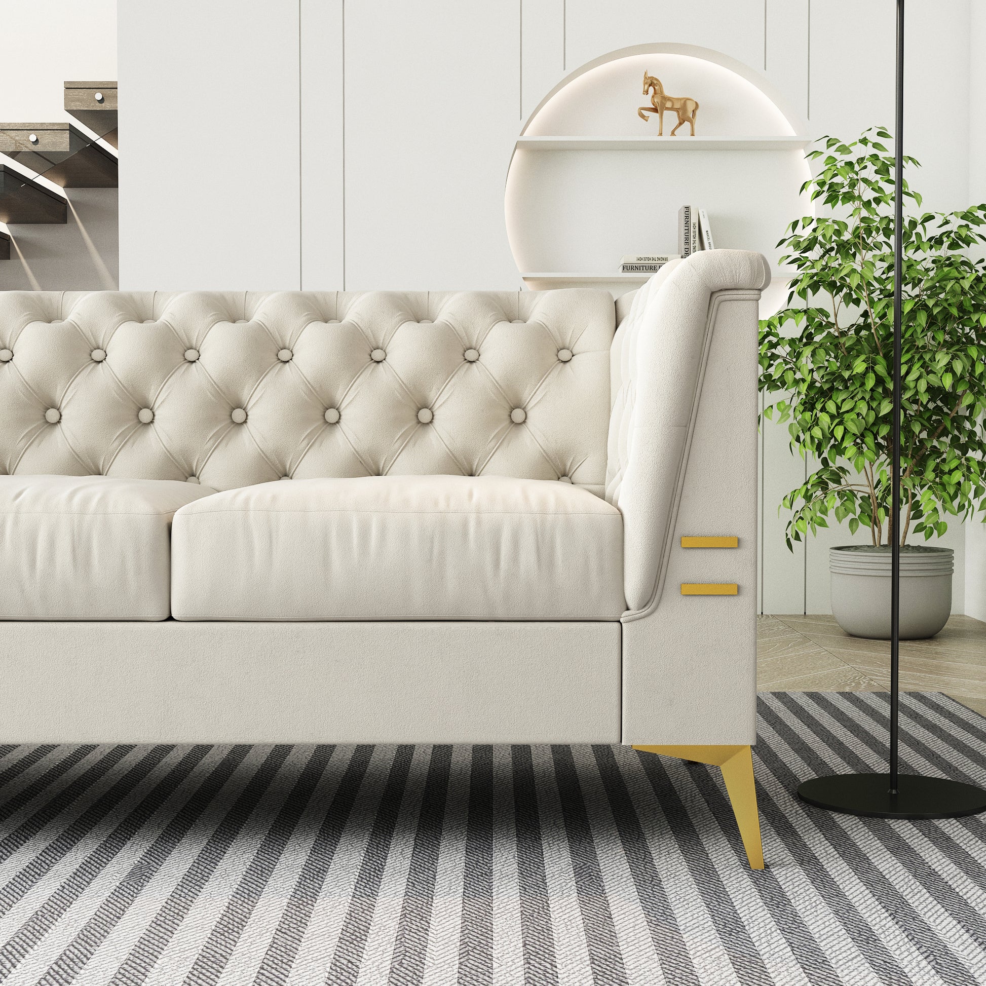 Fx P83 Cw Sofa Modern Velvet Living Room Chesterfield Design 82.7Inch Wide Sofa Cream White Color Beige Velvet 3 Seat