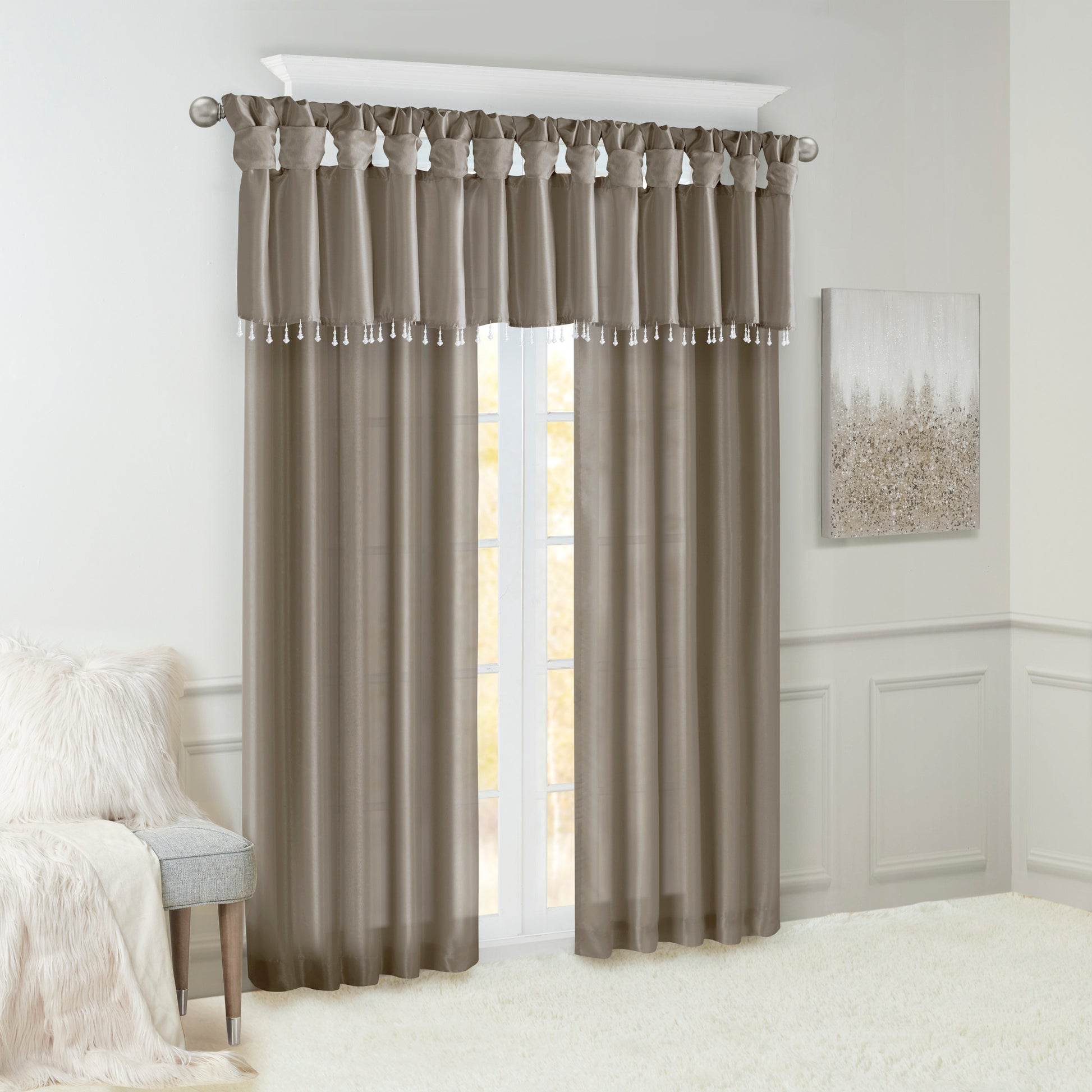 Lightweight Faux Silk Valance With Beads Pewter 50X26" Pewter Microfiber