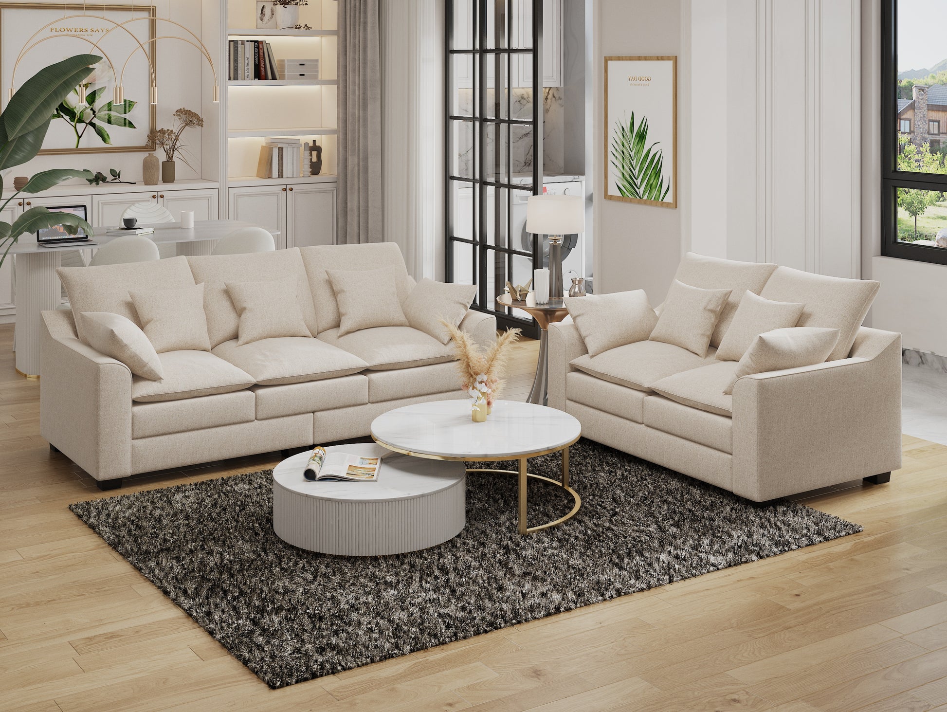 2 Pieces Sofa Couch 3 Seater And Loveseat With Pillows Polyester Upholstered Duck Down Filled Cushion Sofa Set For Living Room Apartment,Beige Beige Polyester Wood Primary Living Space Soft Cushion Back Foam Polyester 5 Seat