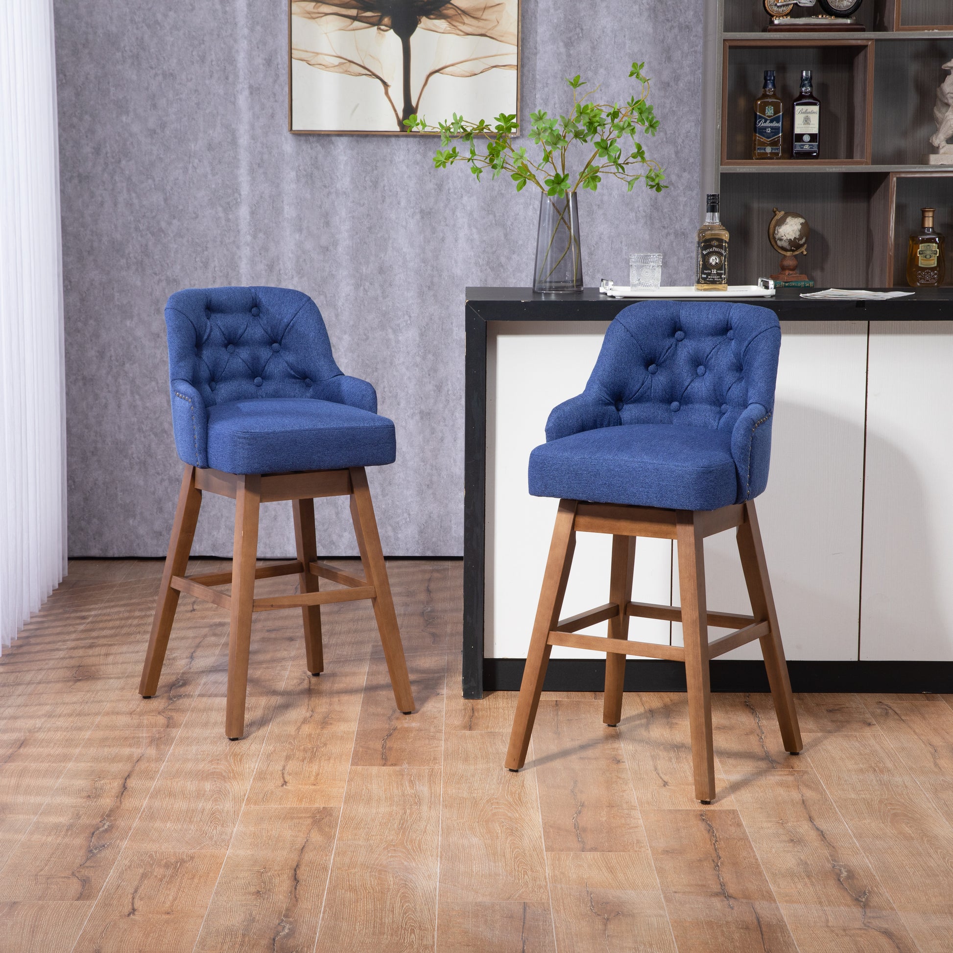 Coolmore Bar Stools Set Of 2 Counter Height Chairs With Footrest For Kitchen, Dining Room And 360 Degree Solid Wood Legs Swivel Bar Stools Set Of 2 Navy Linen Navy Foam Linen