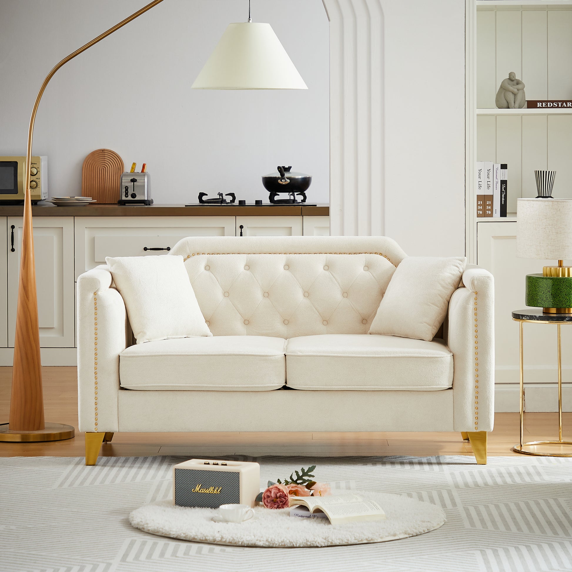 Fx 61.5"Mid Century Design Modern Sofa,Chenille Pull Buckle Design Sofa For Living Room,Buttons Tufted With Copper Nail Decoration Armrest, With 2 Pillows,Modern Couch Upholstered Button And Metal Leg Beige Chenille Wood Pine Foam Fabric 2 Seat