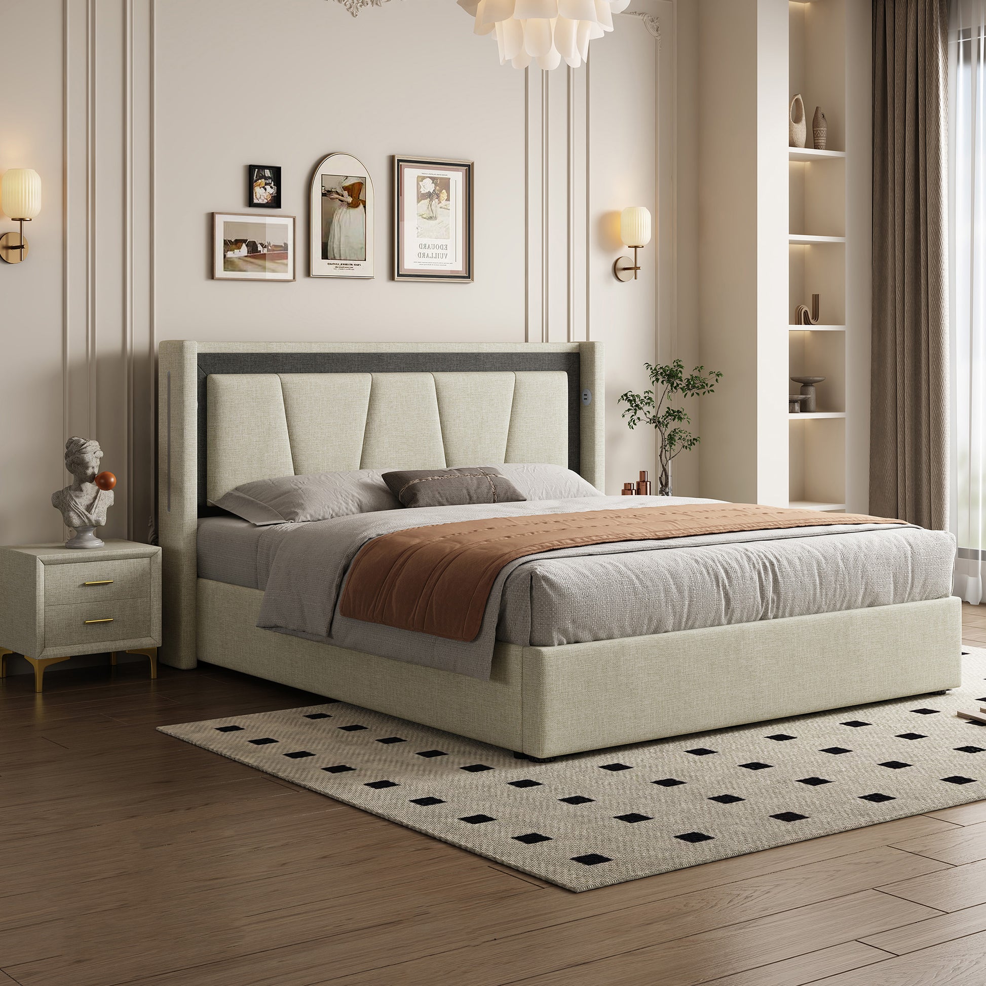 Queen Size, Cotton And Linen Fabric, Pneumatic Bed, With Storage Space Under The Bed, Stable Bed Structure,Light Gray Queen Light Gray Mdf Acacia