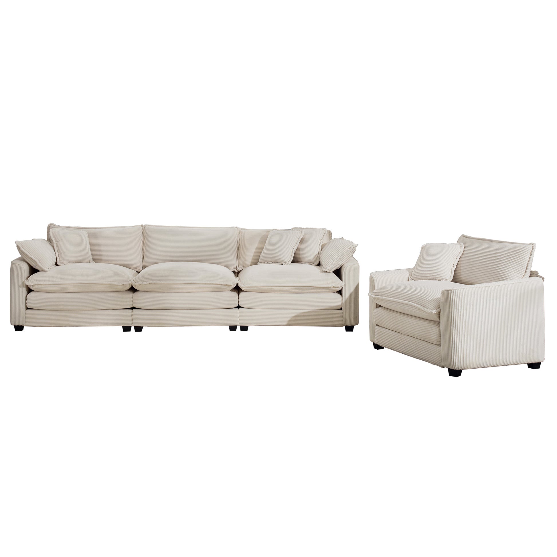 Mid Century Modern Set Of 2 Sofas With One 3 Seater Sofa And One Single Accent Chair, Light Beige Corduroy Fabric Beige Corduroy 4 Seat